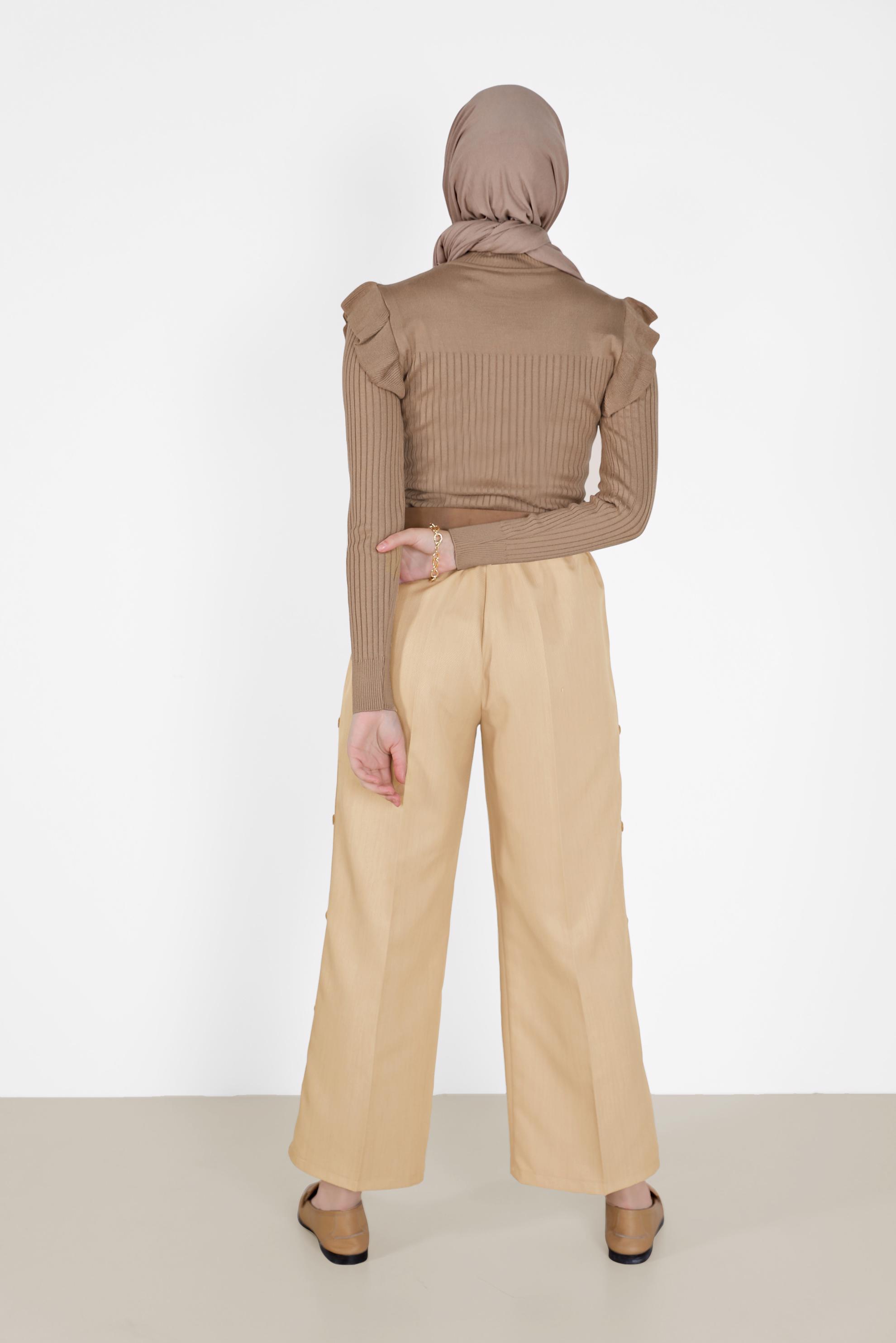 Tesettür giyim KAHVE KOLLARI FIRFIRLI TRİKO KAZAK 42069 