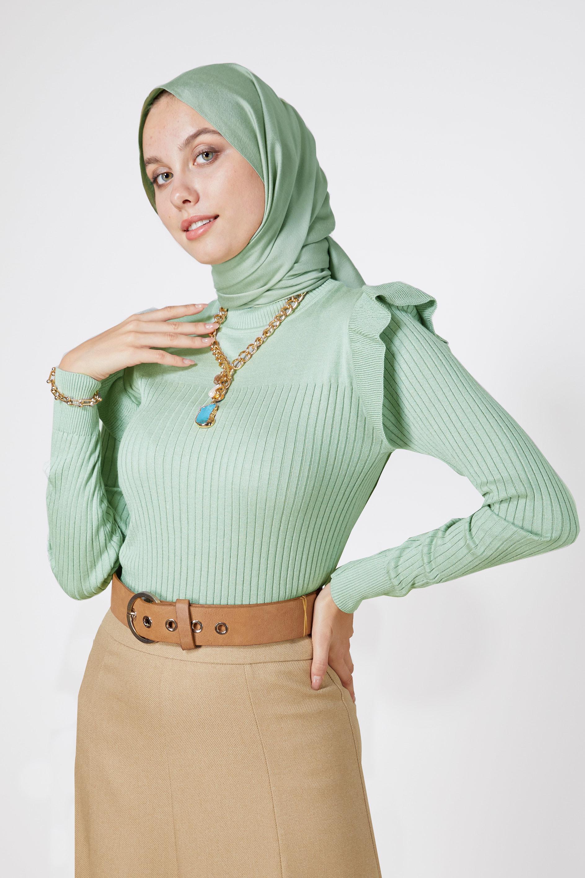 Tesettür giyim YEŞİL KOLLARI FIRFIRLI TRİKO KAZAK 42069 