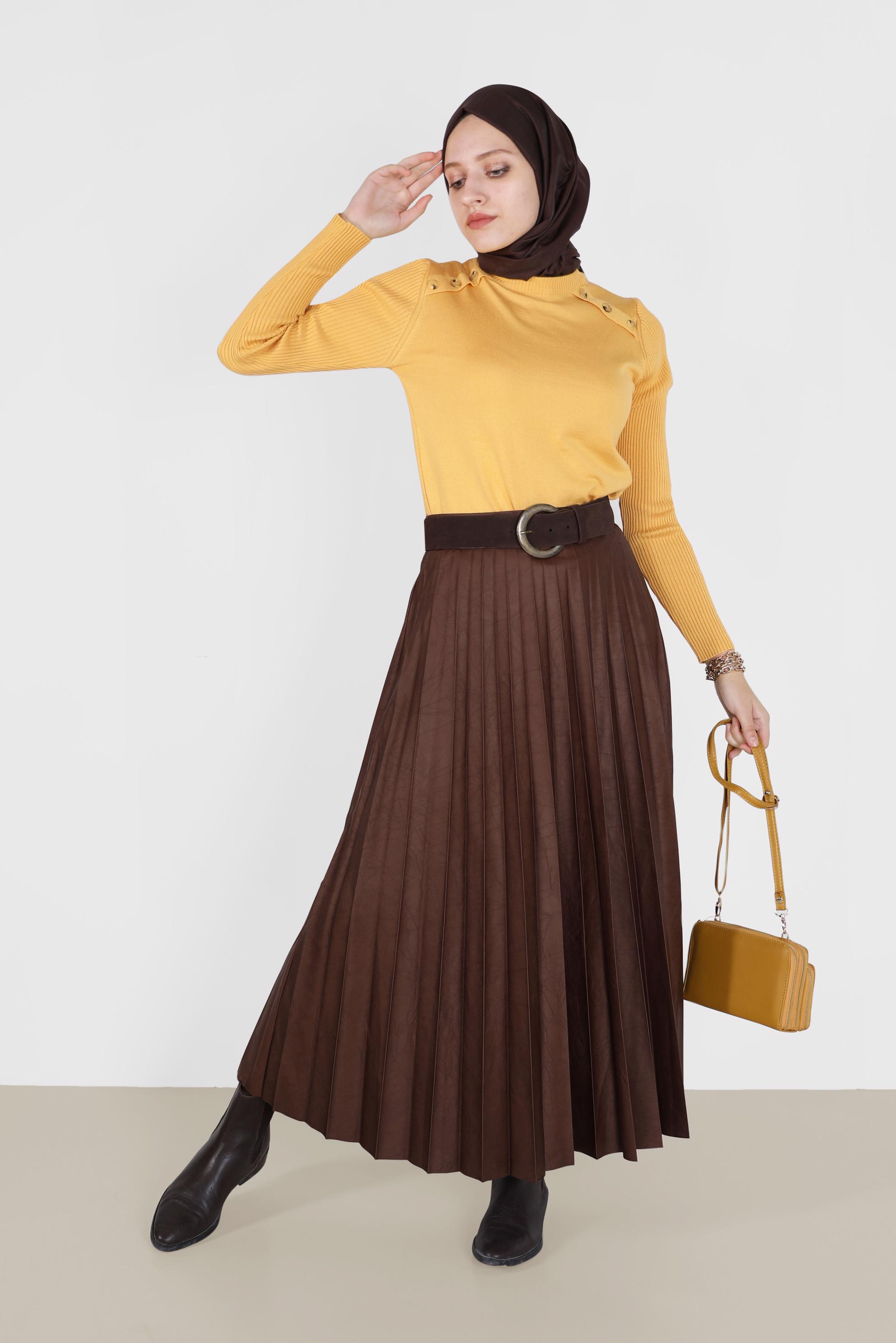 Tesettür giyim SARI DÜĞME DETAYLI TRİKO KAZAK 42070 