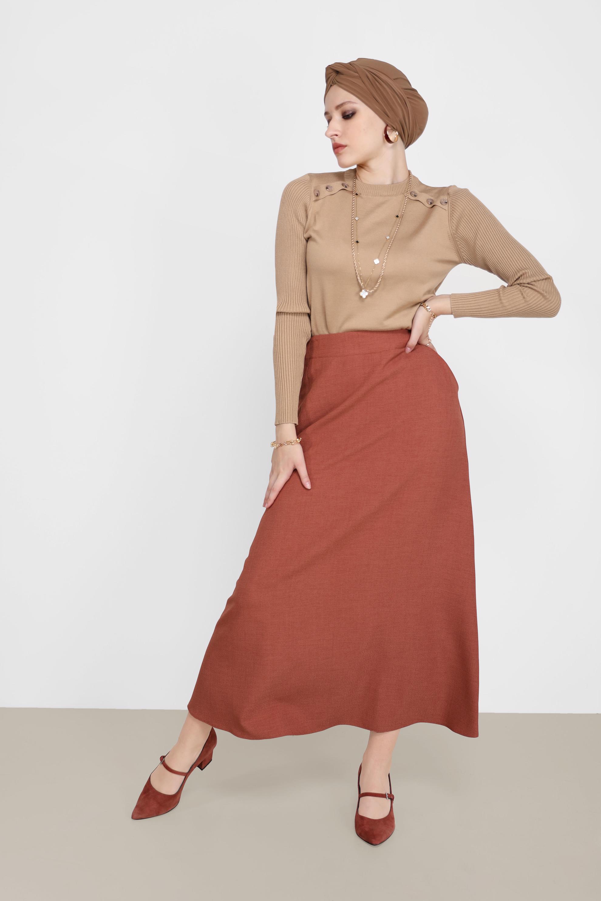 Tesettür giyim KAHVE DÜĞME DETAYLI TRİKO KAZAK 42070 