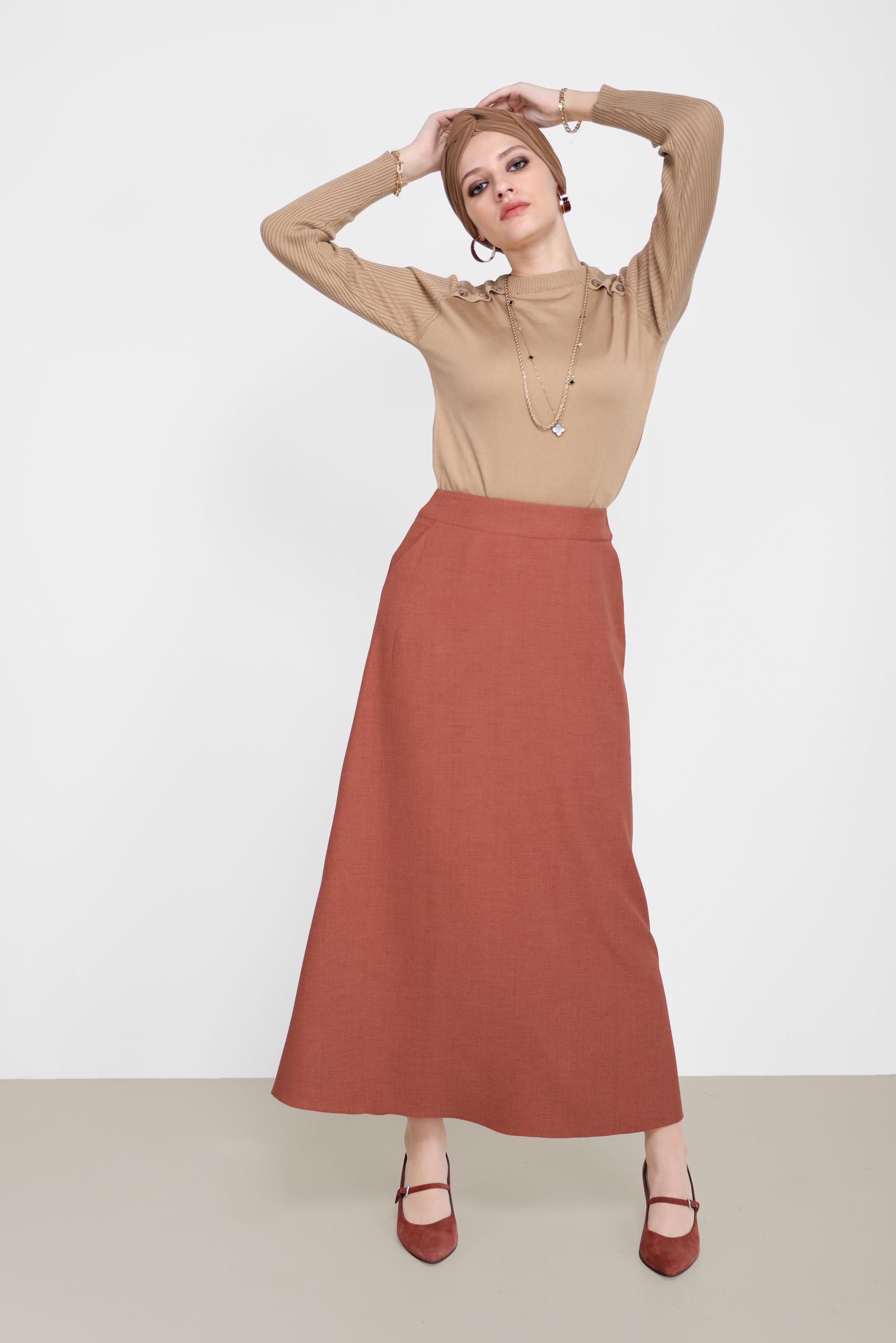 Tesettür giyim KAHVE DÜĞME DETAYLI TRİKO KAZAK 42070 