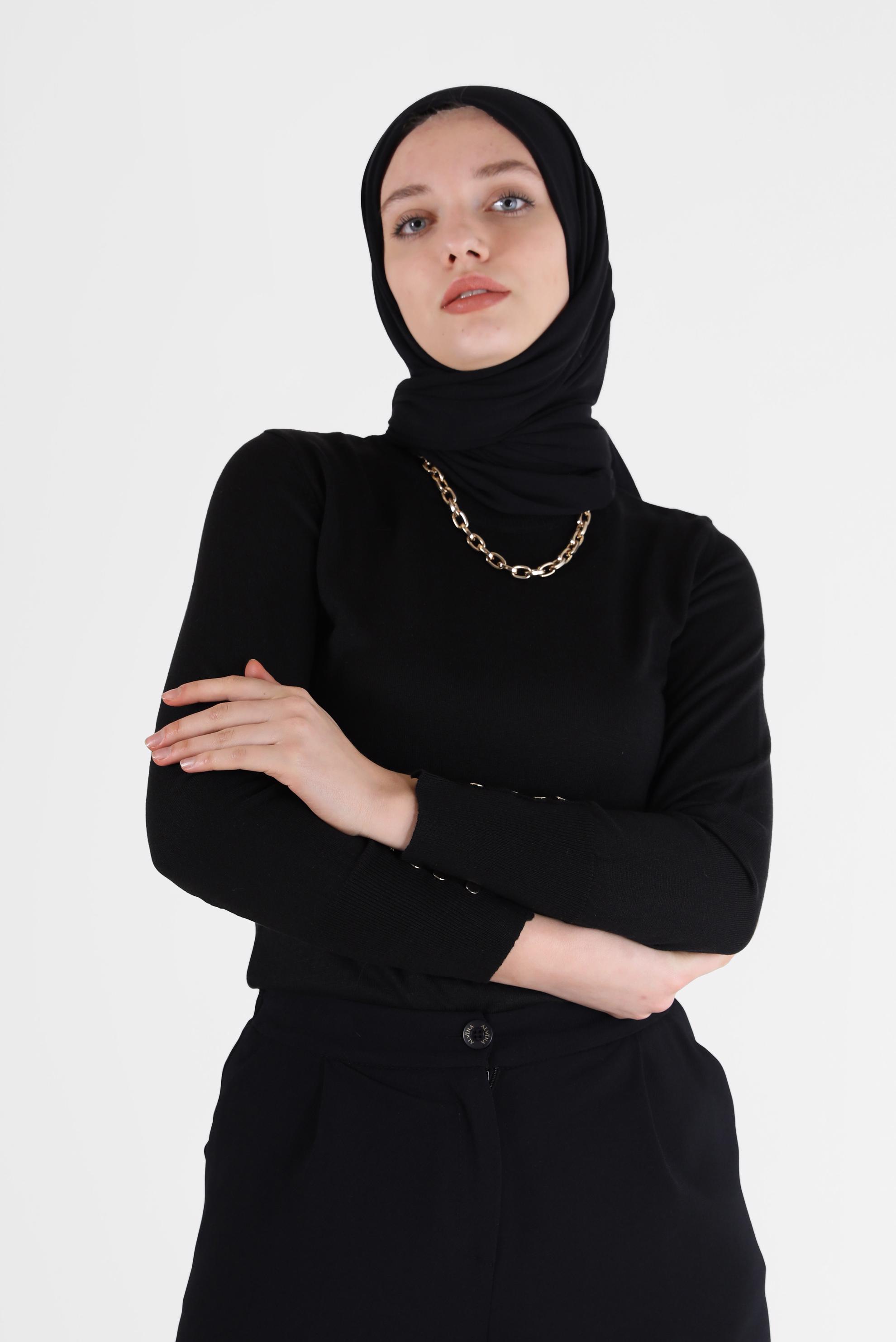 Hijab clothing BLACK BUTTON DETAIL BASIC KNITWEAR SWEATER 42101 