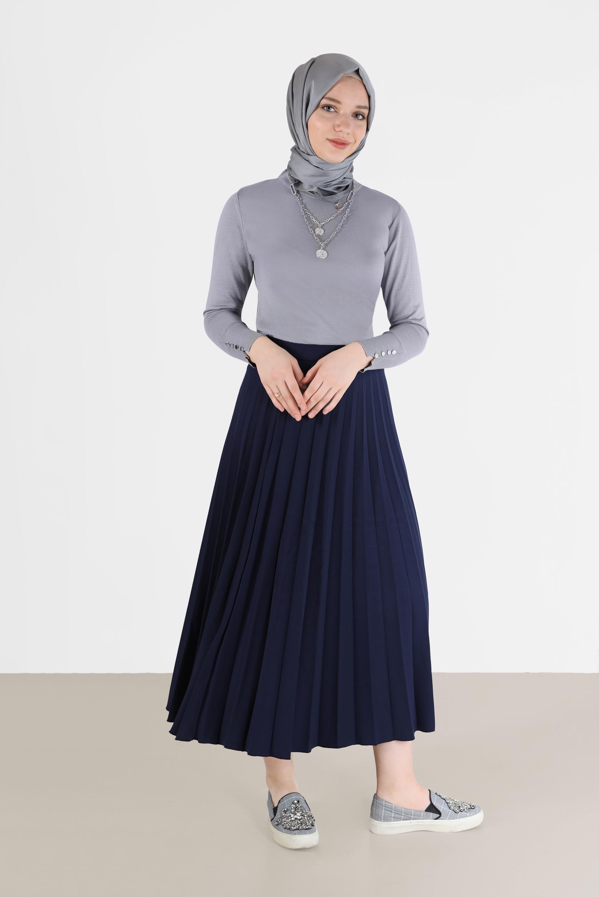 Tesettür giyim GRİ KOLLARI DÜĞME DETAYLI BASIC TRİKO KAZAK 42101 