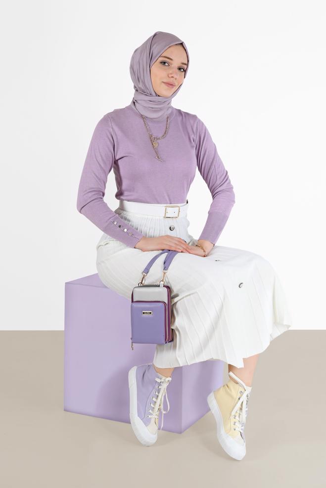 Hijab clothing PURPLE BUTTON DETAIL BASIC KNITWEAR SWEATER 42101  - ALVİNA