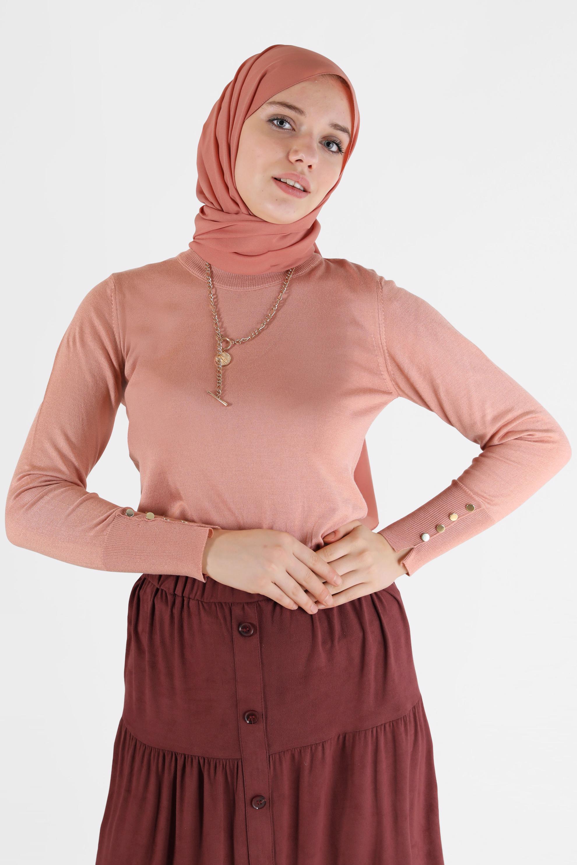 Tesettür giyim PUDRA KOLLARI DÜĞME DETAYLI BASIC TRİKO KAZAK 42101 