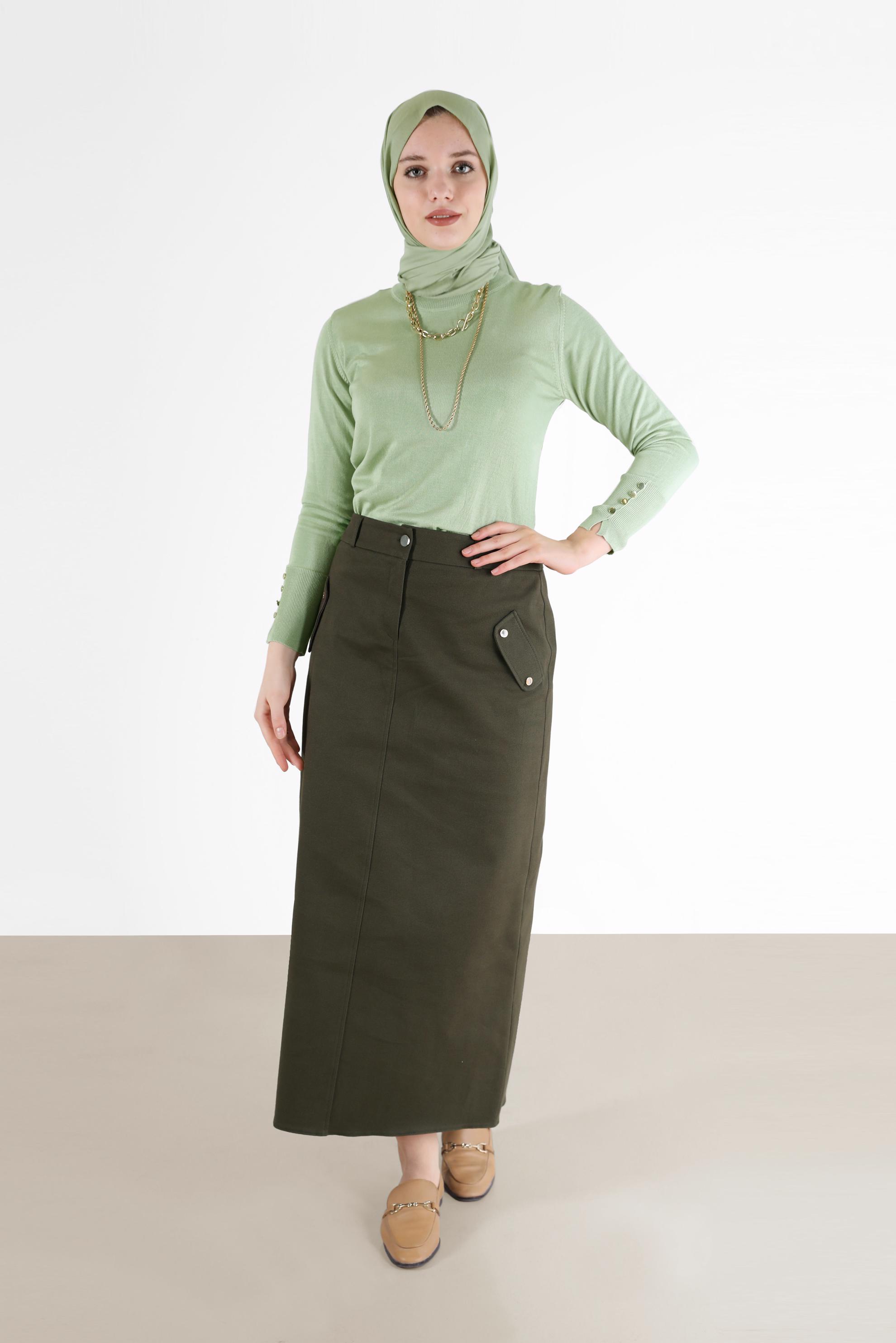 Tesettür giyim YEŞİL KOLLARI DÜĞME DETAYLI BASIC TRİKO KAZAK 42101 