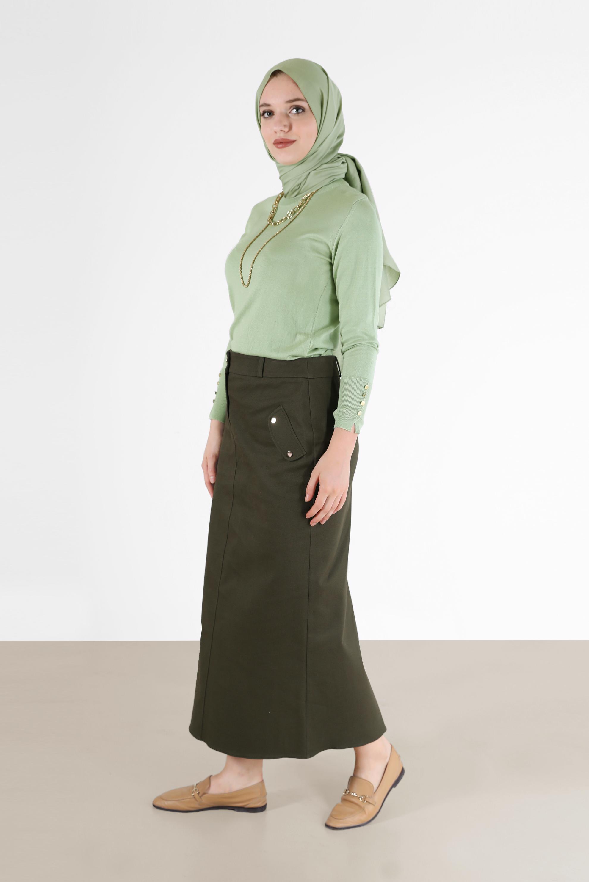 Tesettür giyim YEŞİL KOLLARI DÜĞME DETAYLI BASIC TRİKO KAZAK 42101 