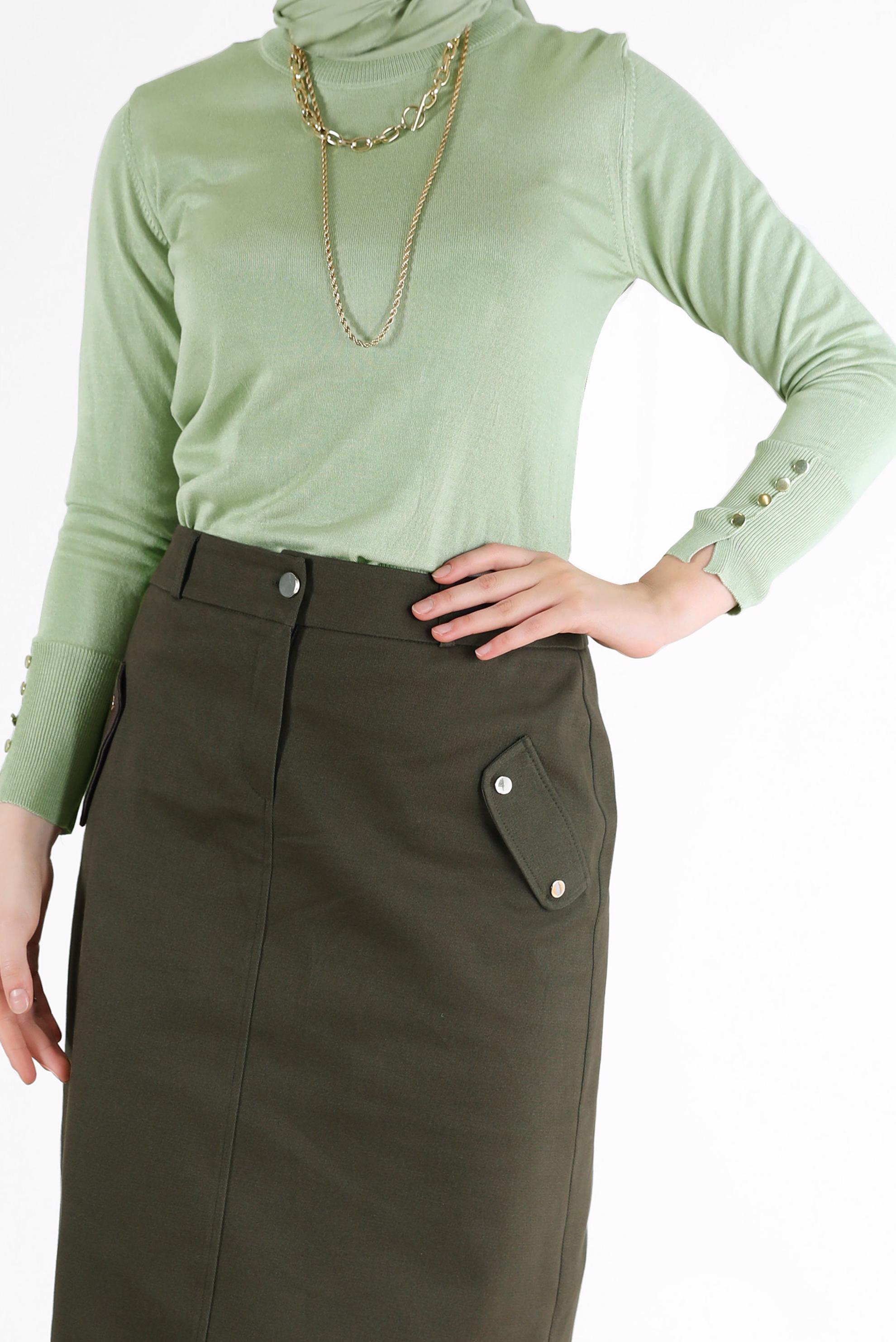 Tesettür giyim YEŞİL KOLLARI DÜĞME DETAYLI BASIC TRİKO KAZAK 42101 