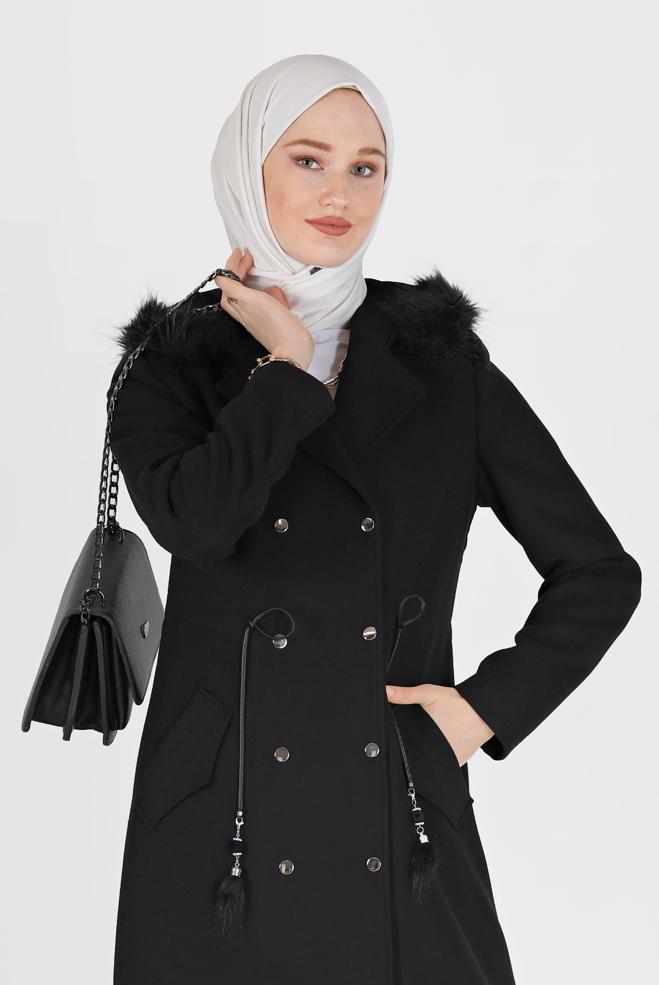 Tesettür giyim SİYAH KAPÜŞONLU ÇITÇITLI MANTO 90207  - ALVİNA