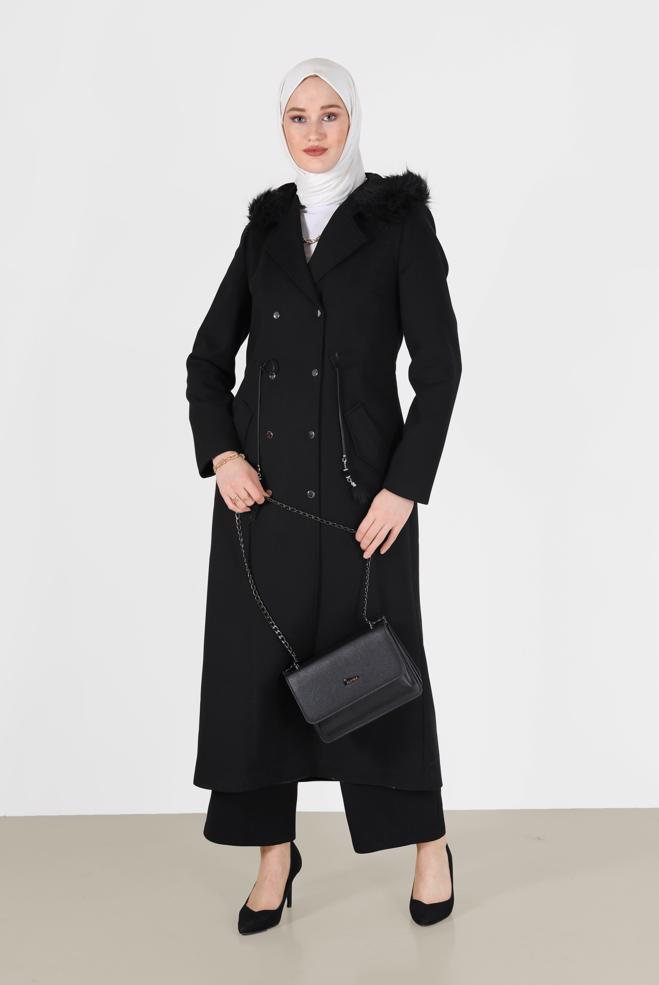 Tesettür giyim SİYAH KAPÜŞONLU ÇITÇITLI MANTO 90207  - ALVİNA
