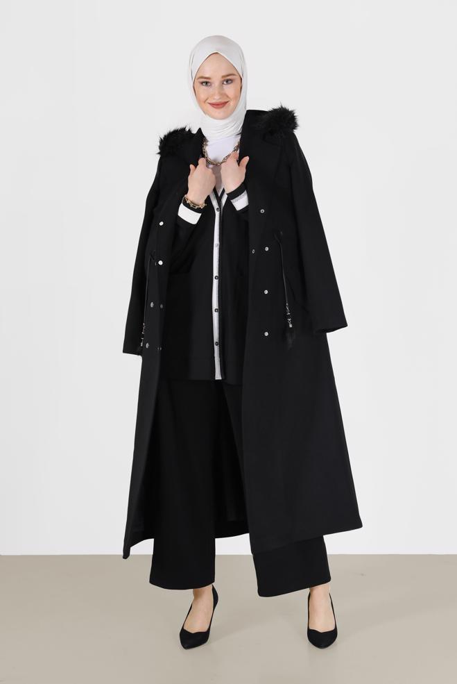 Tesettür giyim SİYAH KAPÜŞONLU ÇITÇITLI MANTO 90207  - ALVİNA