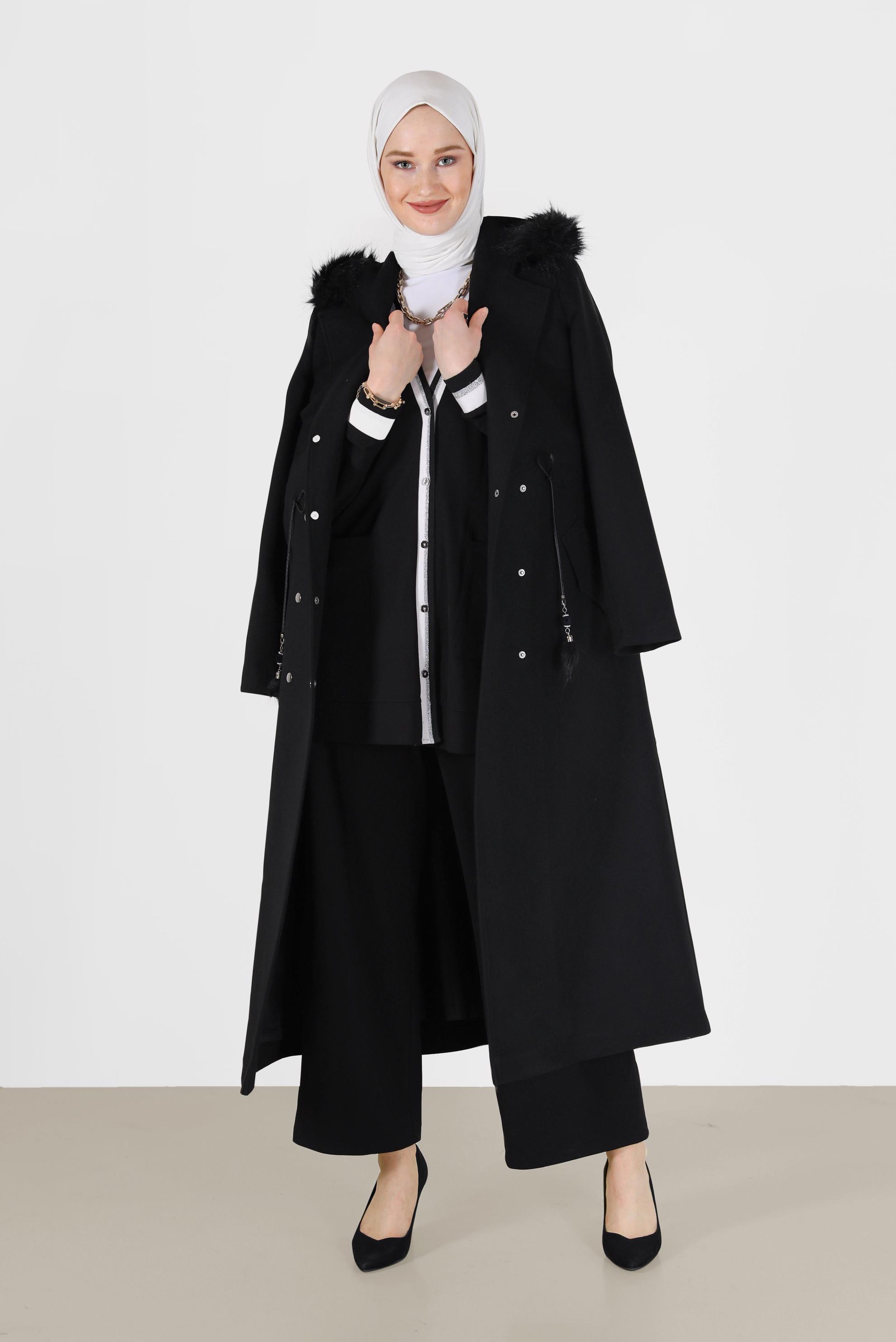 Tesettür giyim SİYAH KAPÜŞONLU ÇITÇITLI MANTO 90207 