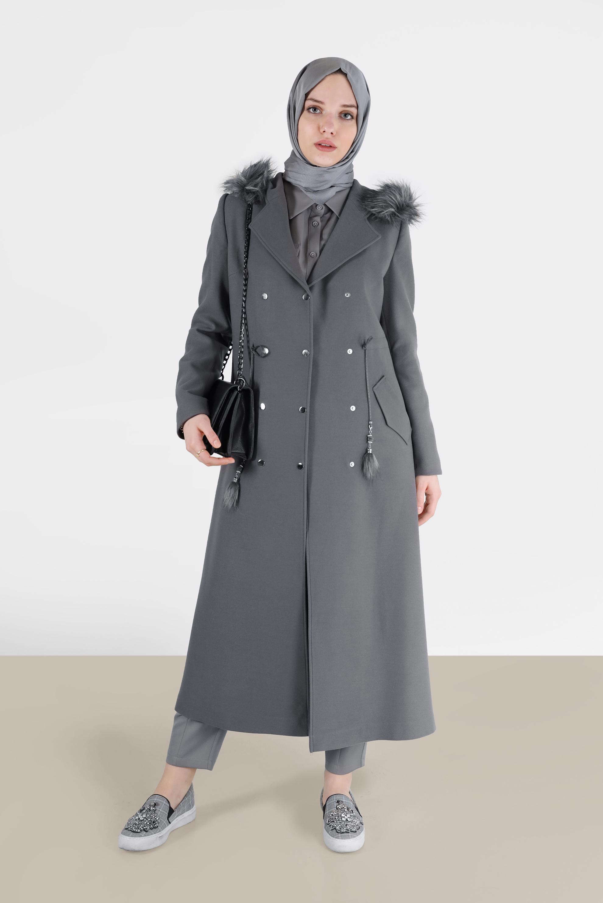 Vêtements hijab GRIS MANTEAU À CAPUCHE À PRESSION 90207