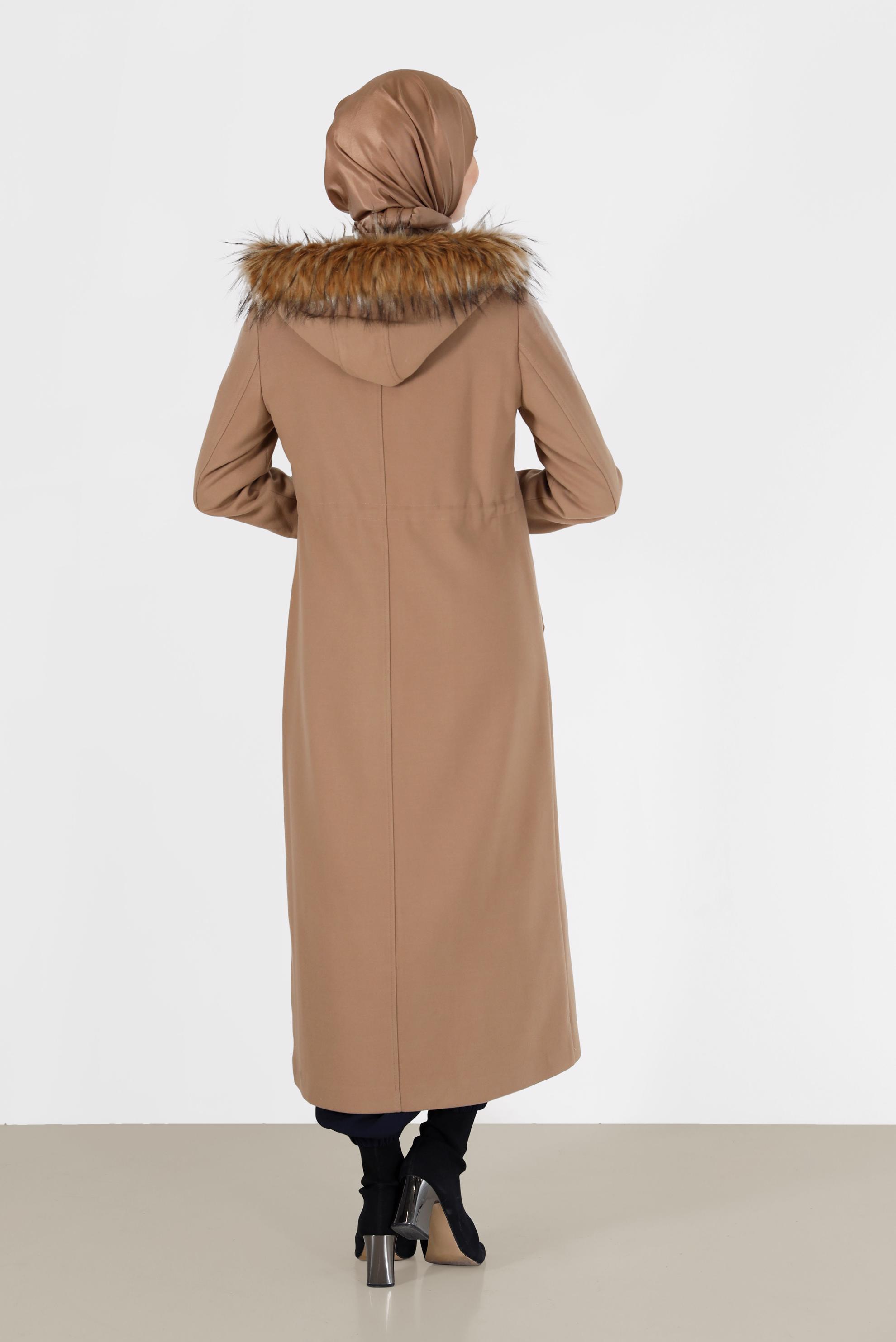 Tesettür giyim KAHVE KAPÜŞONLU ÇITÇITLI MANTO 90207 