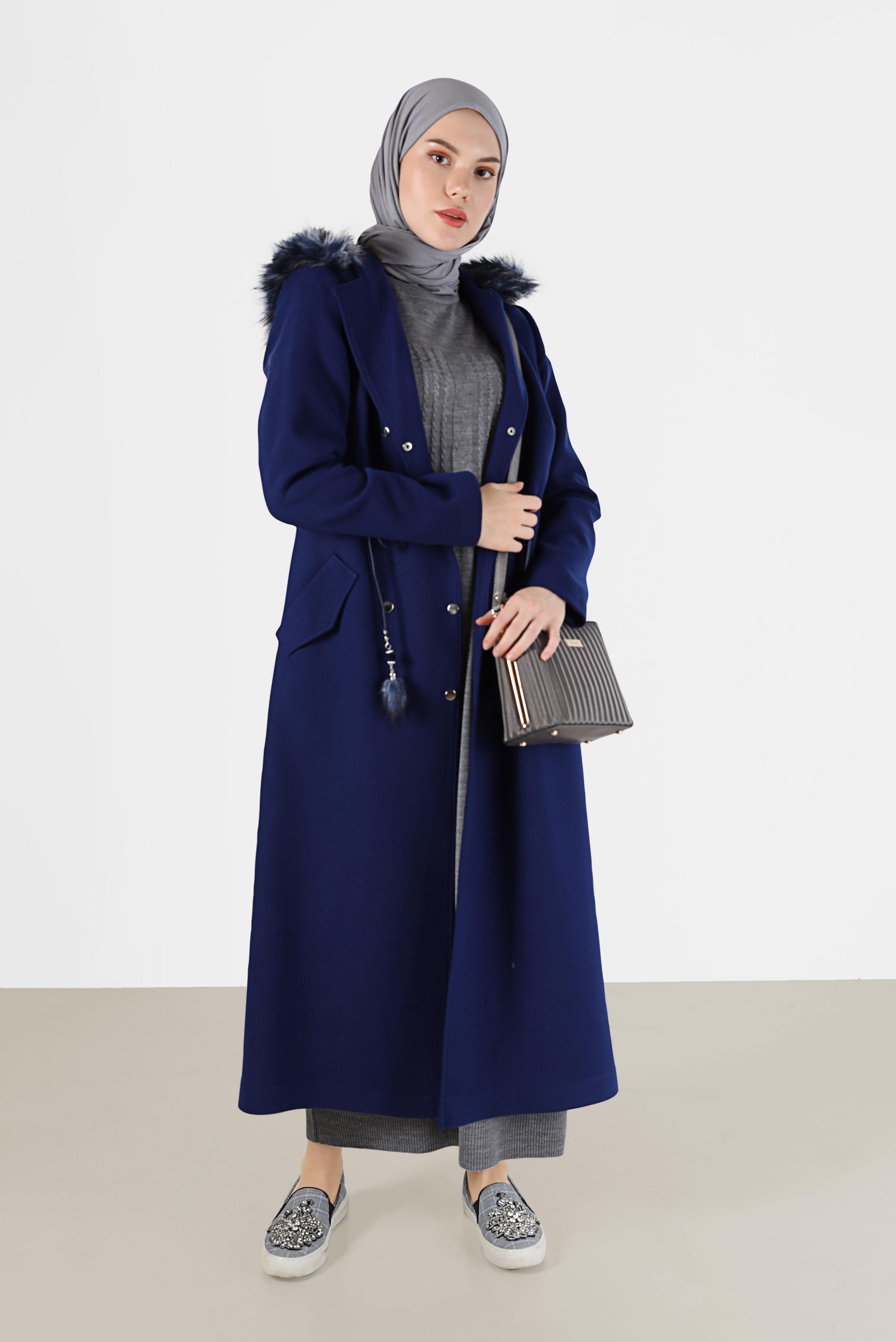 Vêtements hijab BLEU MANTEAU À CAPUCHE À PRESSION 90207