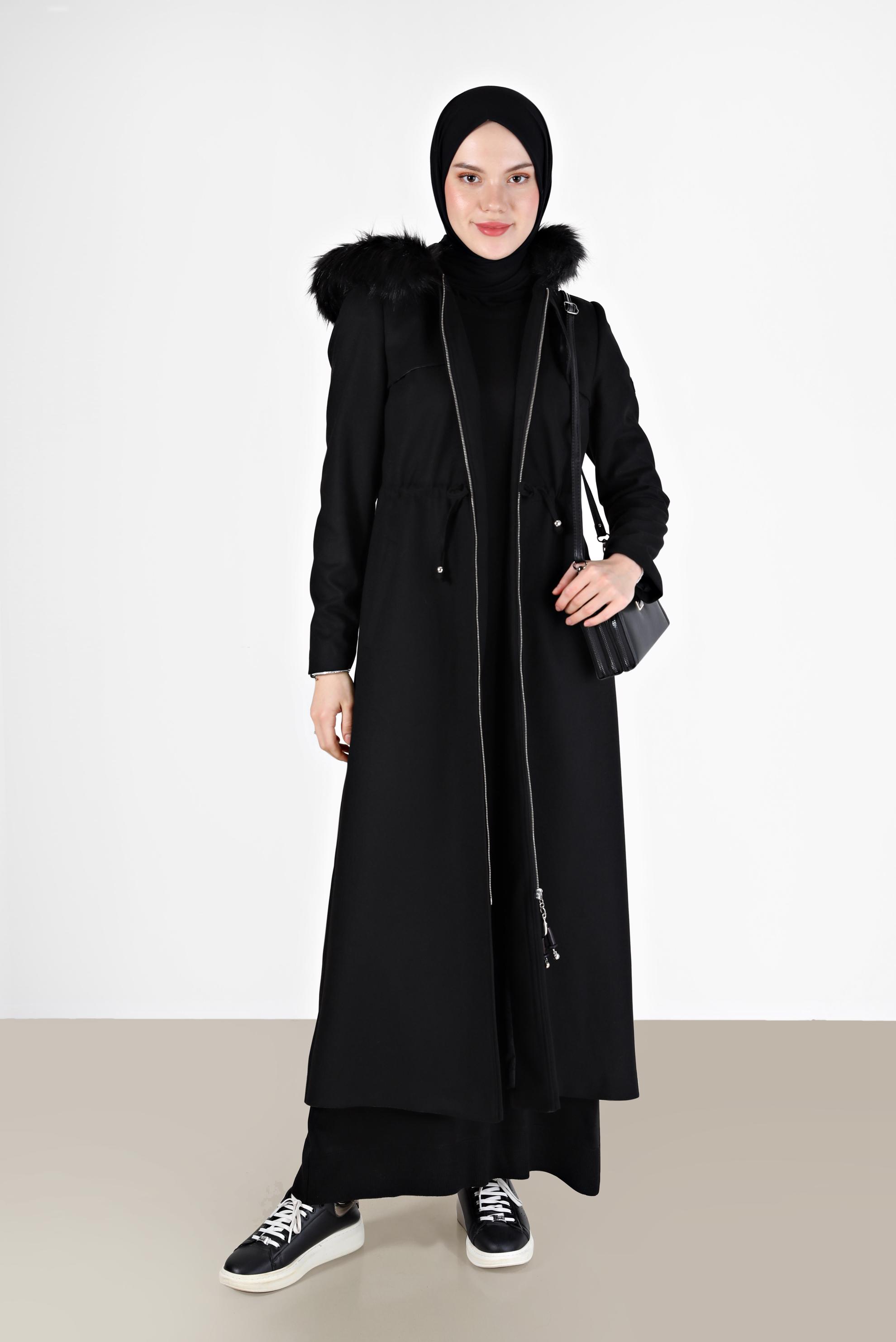 Vêtements hijab NOIR MANTEAU À CAPUCHE À CAPUCHE EN FOURRURE 90208