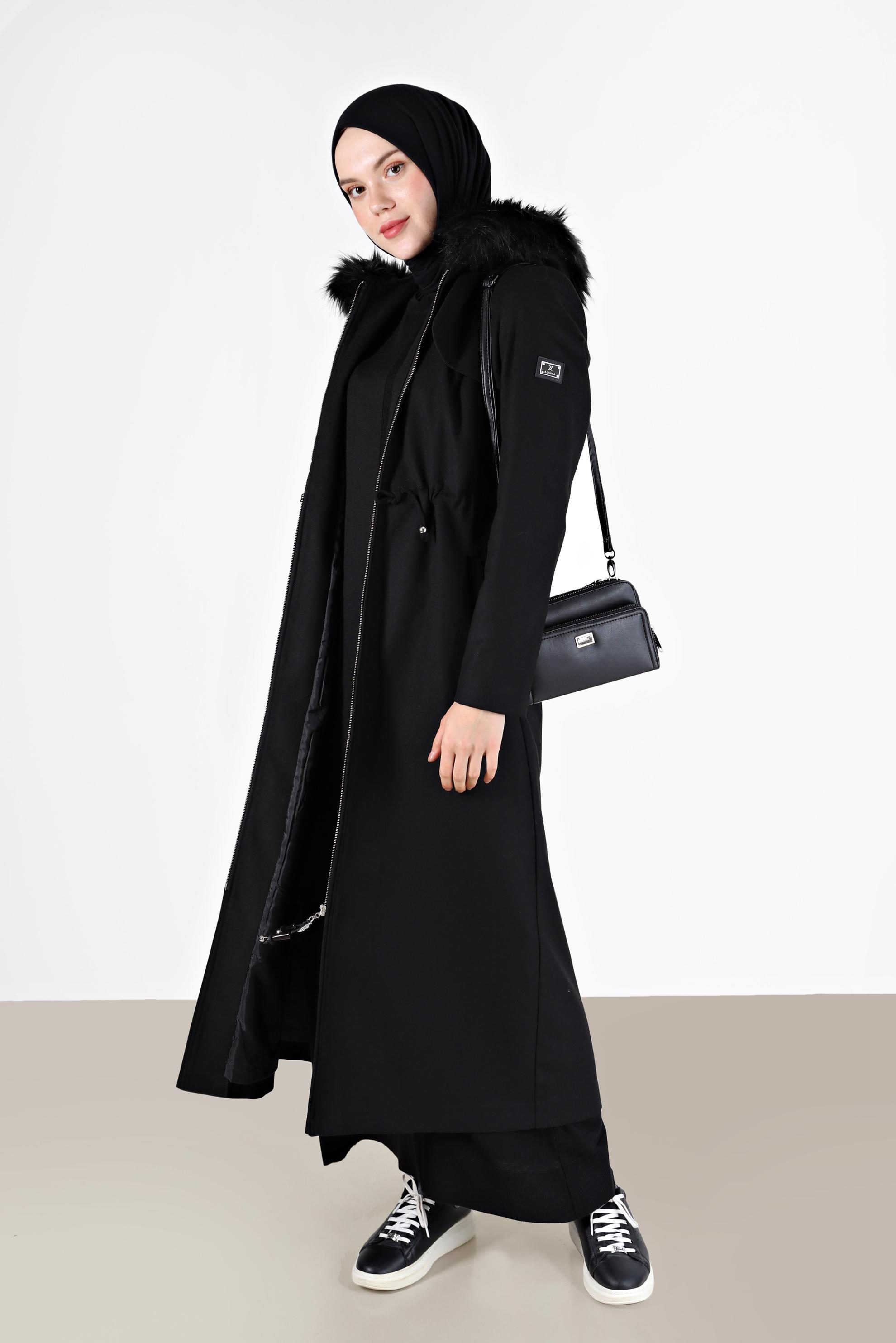 Vêtements hijab NOIR MANTEAU À CAPUCHE À CAPUCHE EN FOURRURE 90208