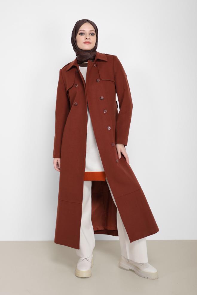 Vêtements hijab ORANGE MANTEAU À BOUTONS DÉTAILLÉS AVEC CEINTURE 90209 - ALVİNA