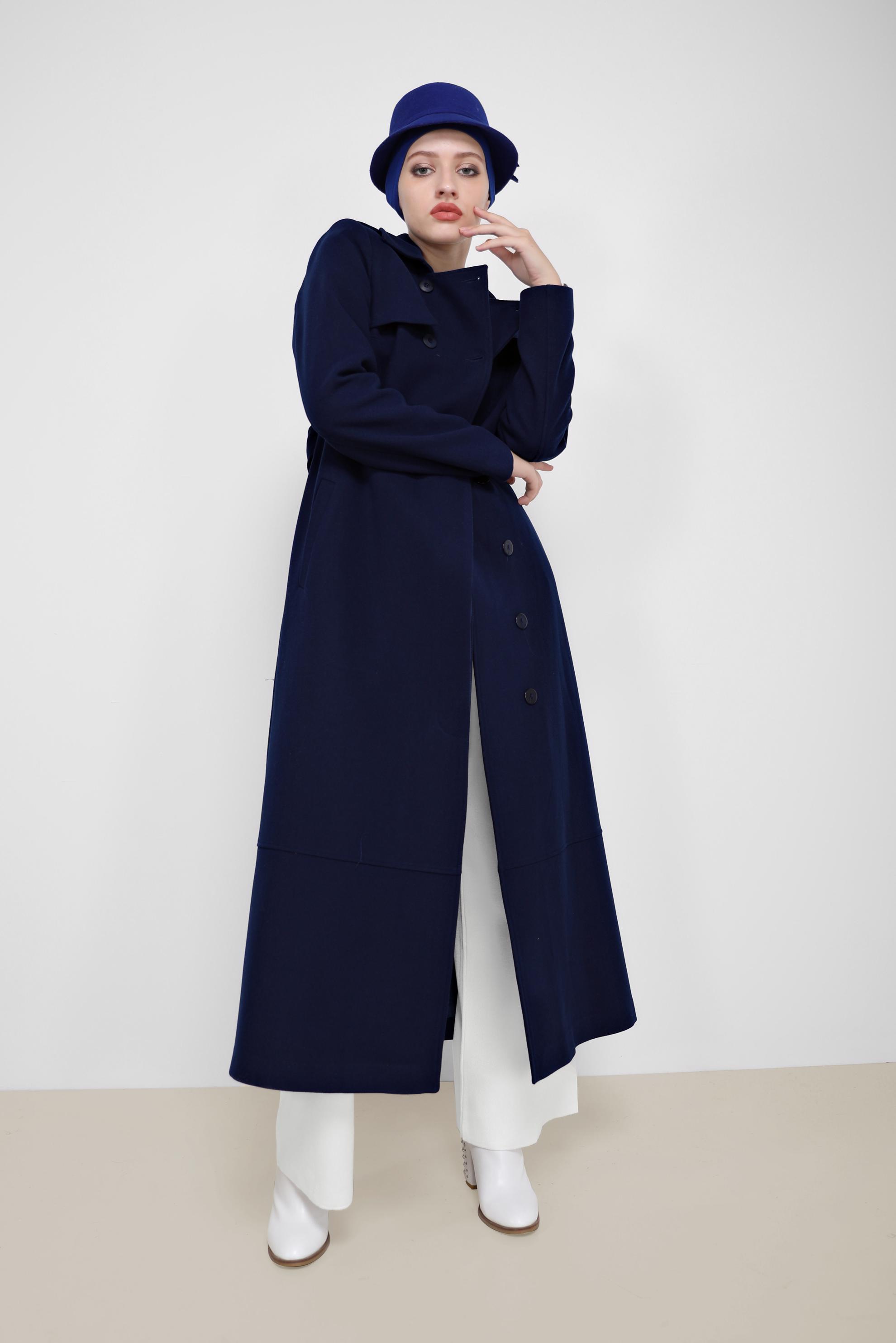 Hijab clothing NAVY BLUE BELT DETAIL BUTTONED COAT 90209 