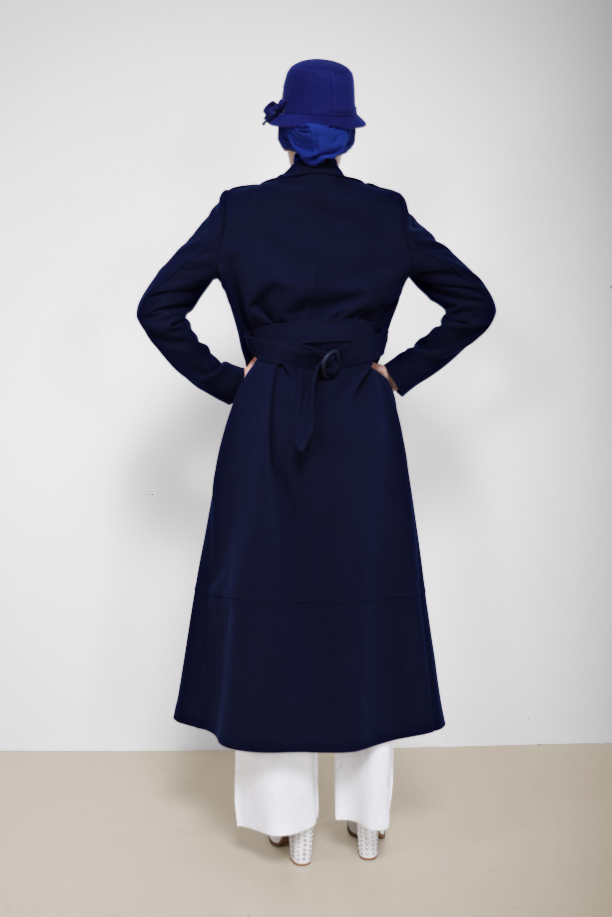 Hijab clothing NAVY BLUE BELT DETAIL BUTTONED COAT 90209 