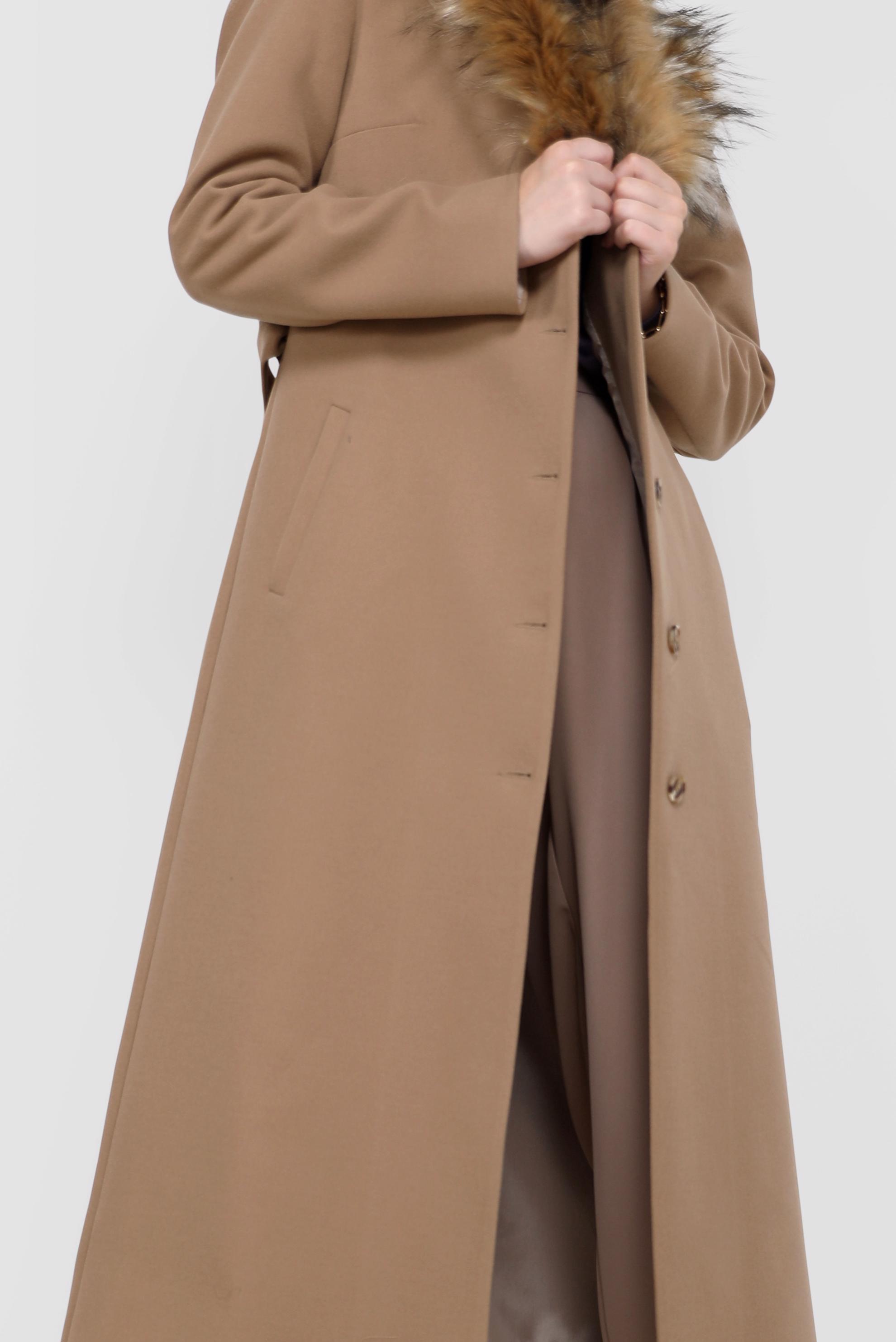 Tesettür giyim KAHVE KÜRK DETAYLI KUŞAKLI UZUN MANTO 90210 