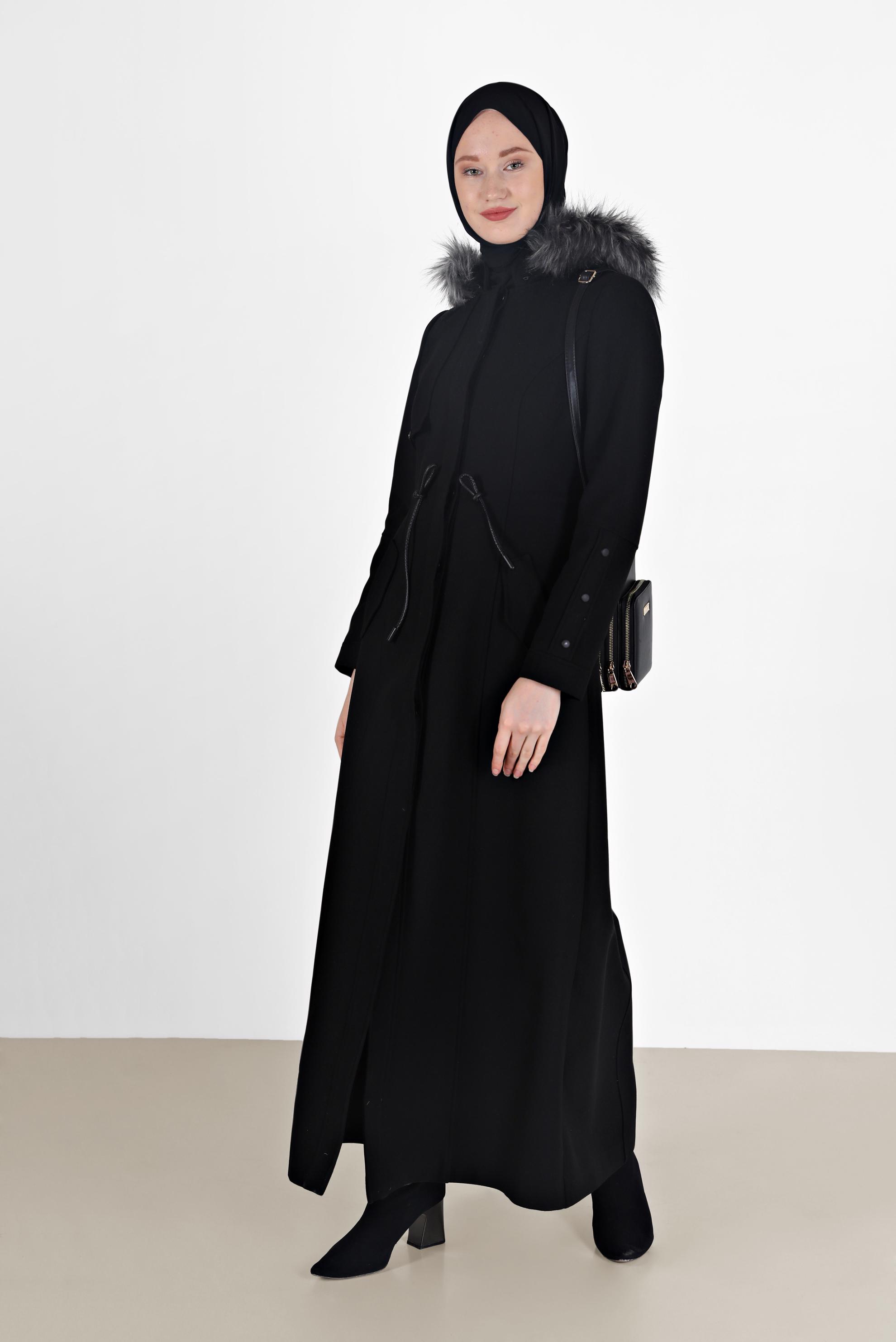 Vêtements hijab NOIR MANTEAU À CAPUCHE EN FOURRURE À CAPUCHE 90212