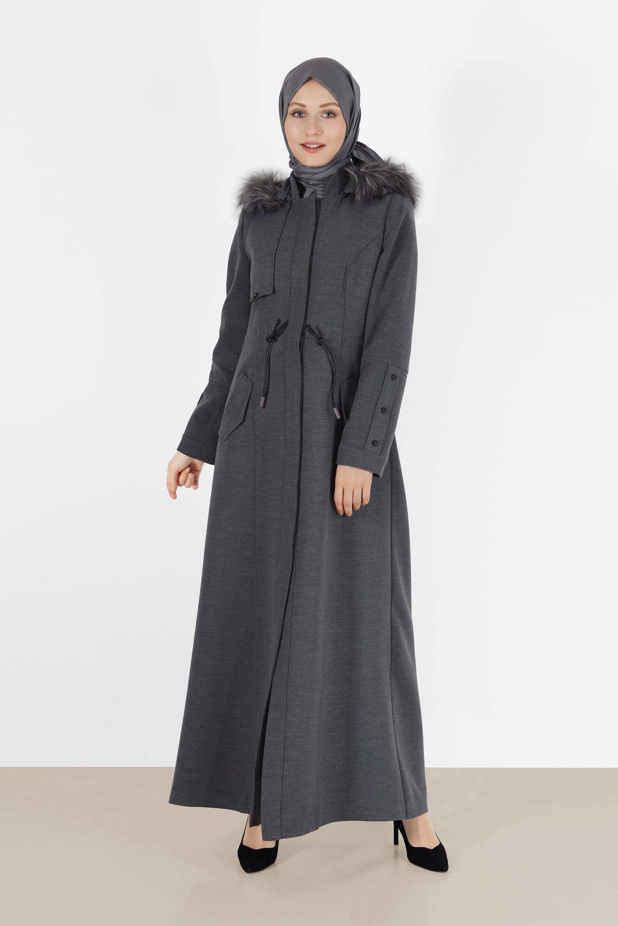 Vêtements hijab GRIS MANTEAU À CAPUCHE EN FOURRURE À CAPUCHE 90212