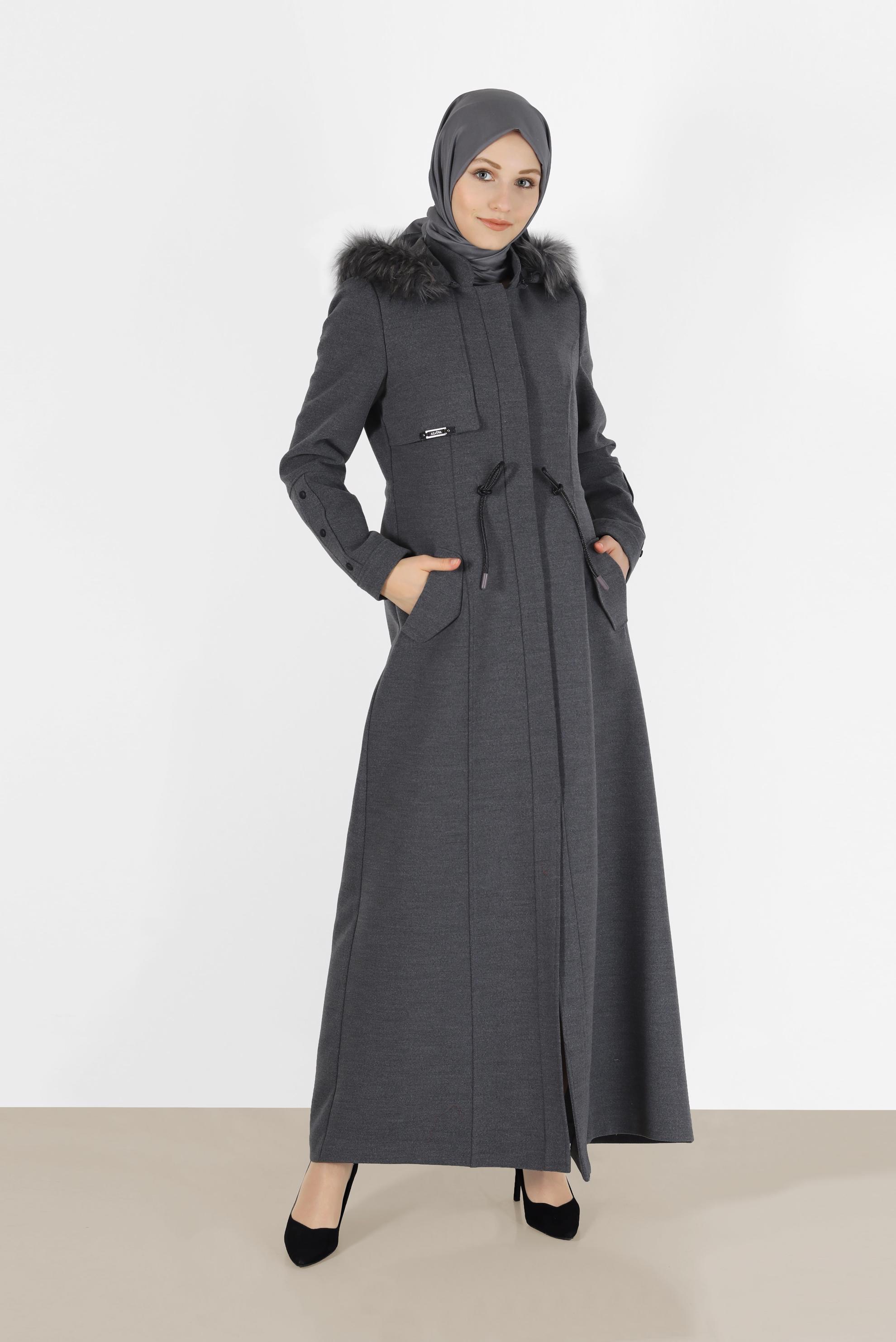 Vêtements hijab GRIS MANTEAU À CAPUCHE EN FOURRURE À CAPUCHE 90212