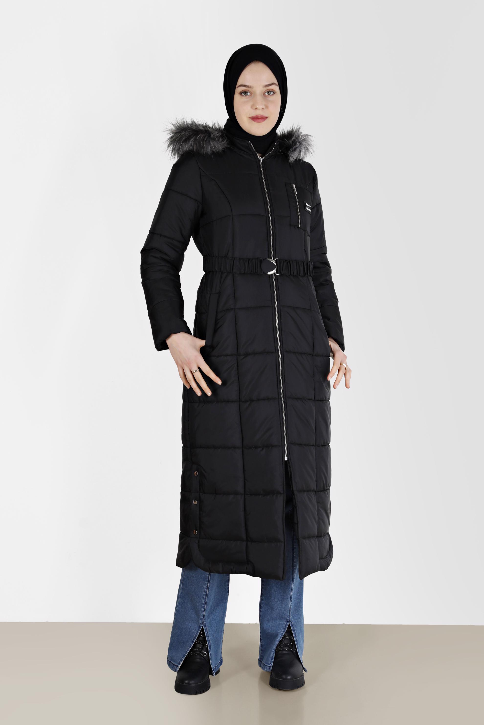 Vêtements hijab NOIR MANTEAU À CAPUCHE EN FOURRURE À DÉTAILS PRESSION 90213