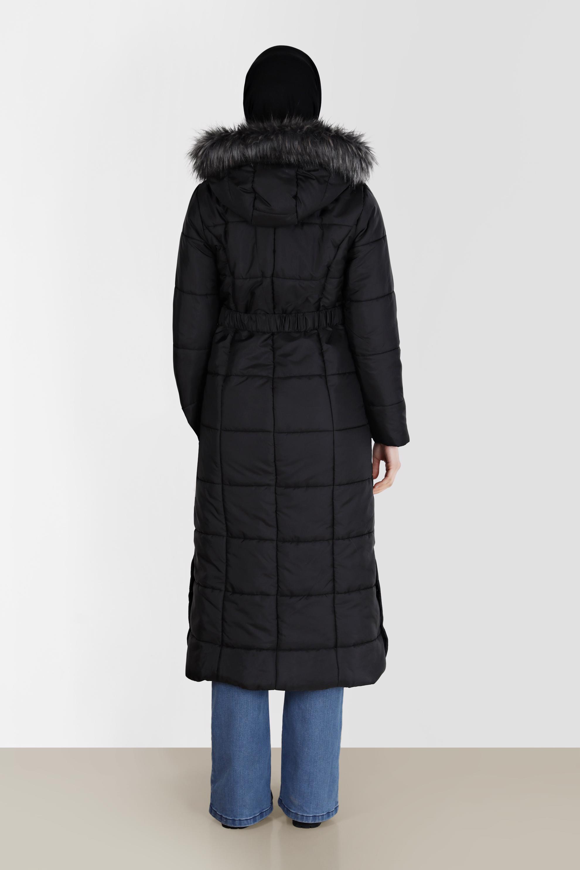 Vêtements hijab NOIR MANTEAU À CAPUCHE EN FOURRURE À DÉTAILS PRESSION 90213