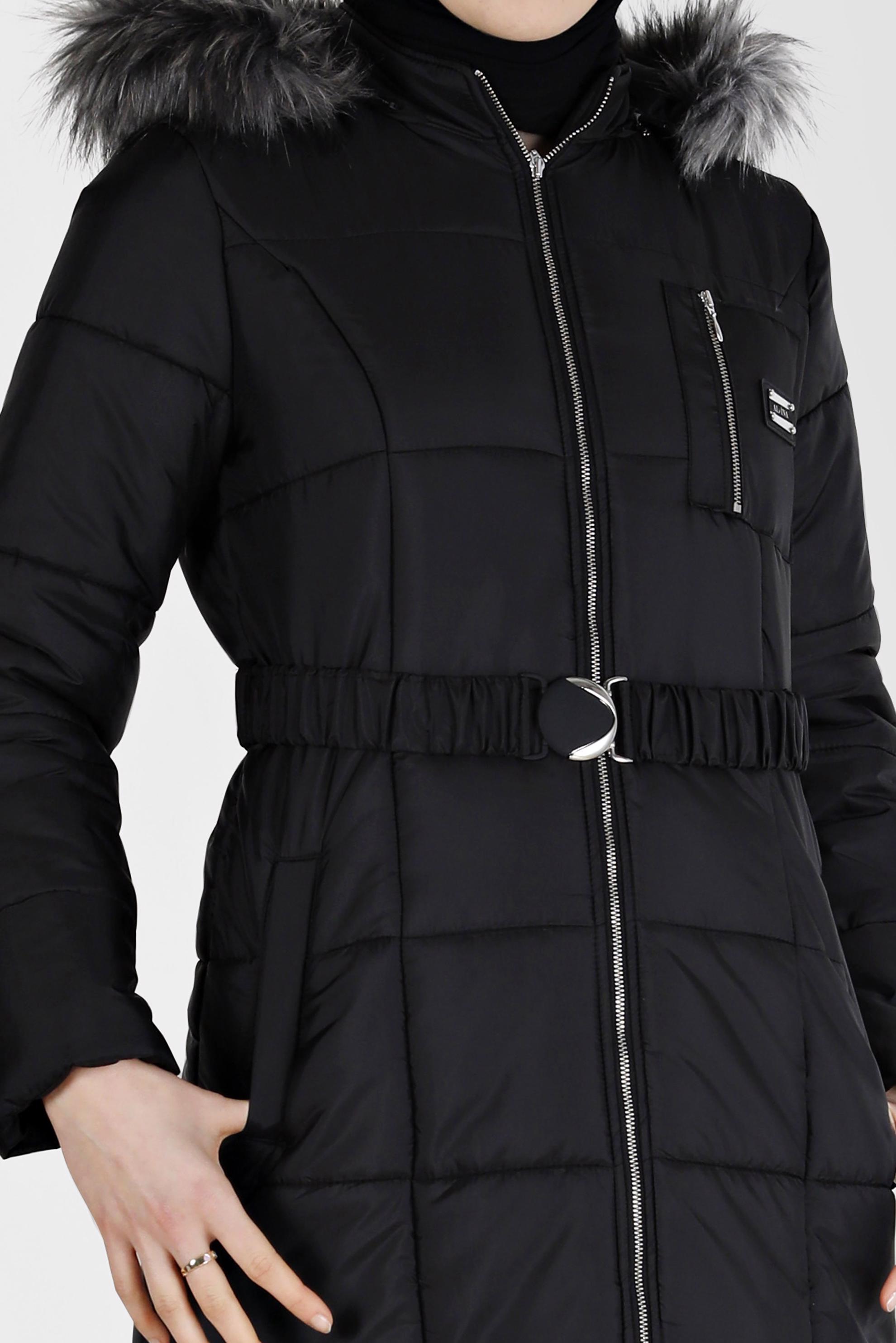 Vêtements hijab NOIR MANTEAU À CAPUCHE EN FOURRURE À DÉTAILS PRESSION 90213