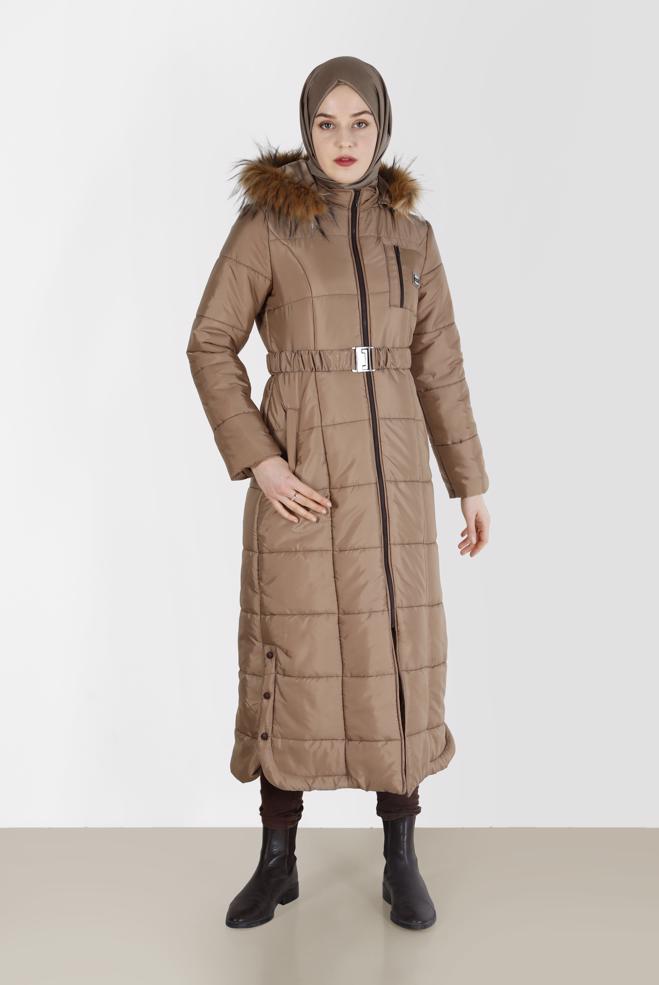 Hijab clothing BEIGE SNAP DETAIL FURRY HOODED COAT 90213  - ALVİNA