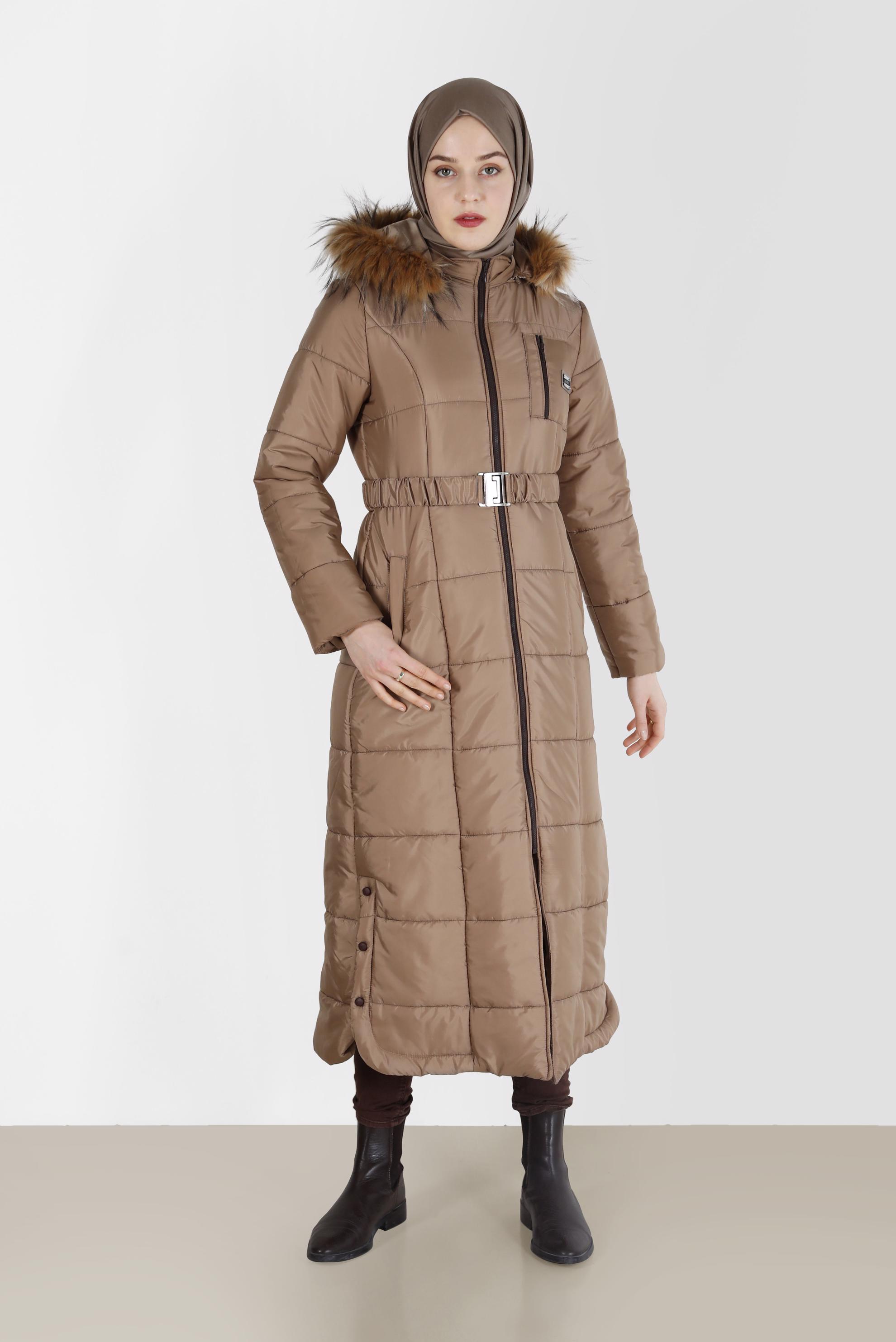 Vêtements hijab BRUN MANTEAU À CAPUCHE EN FOURRURE À DÉTAILS PRESSION 90213