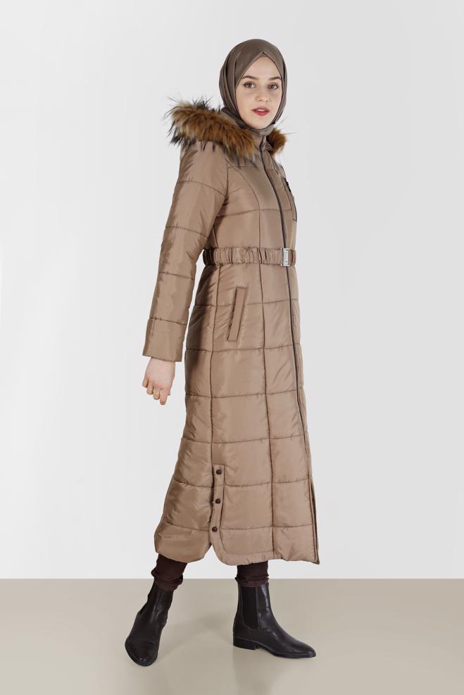 Hijab clothing BEIGE SNAP DETAIL FURRY HOODED COAT 90213  - ALVİNA