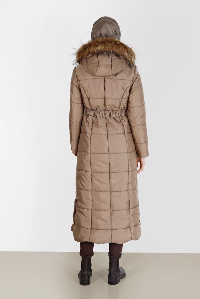 Hijab clothing BEIGE SNAP DETAIL FURRY HOODED COAT 90213  - ALVİNA