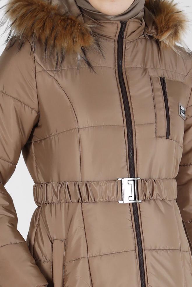 Hijab clothing BEIGE SNAP DETAIL FURRY HOODED COAT 90213  - ALVİNA