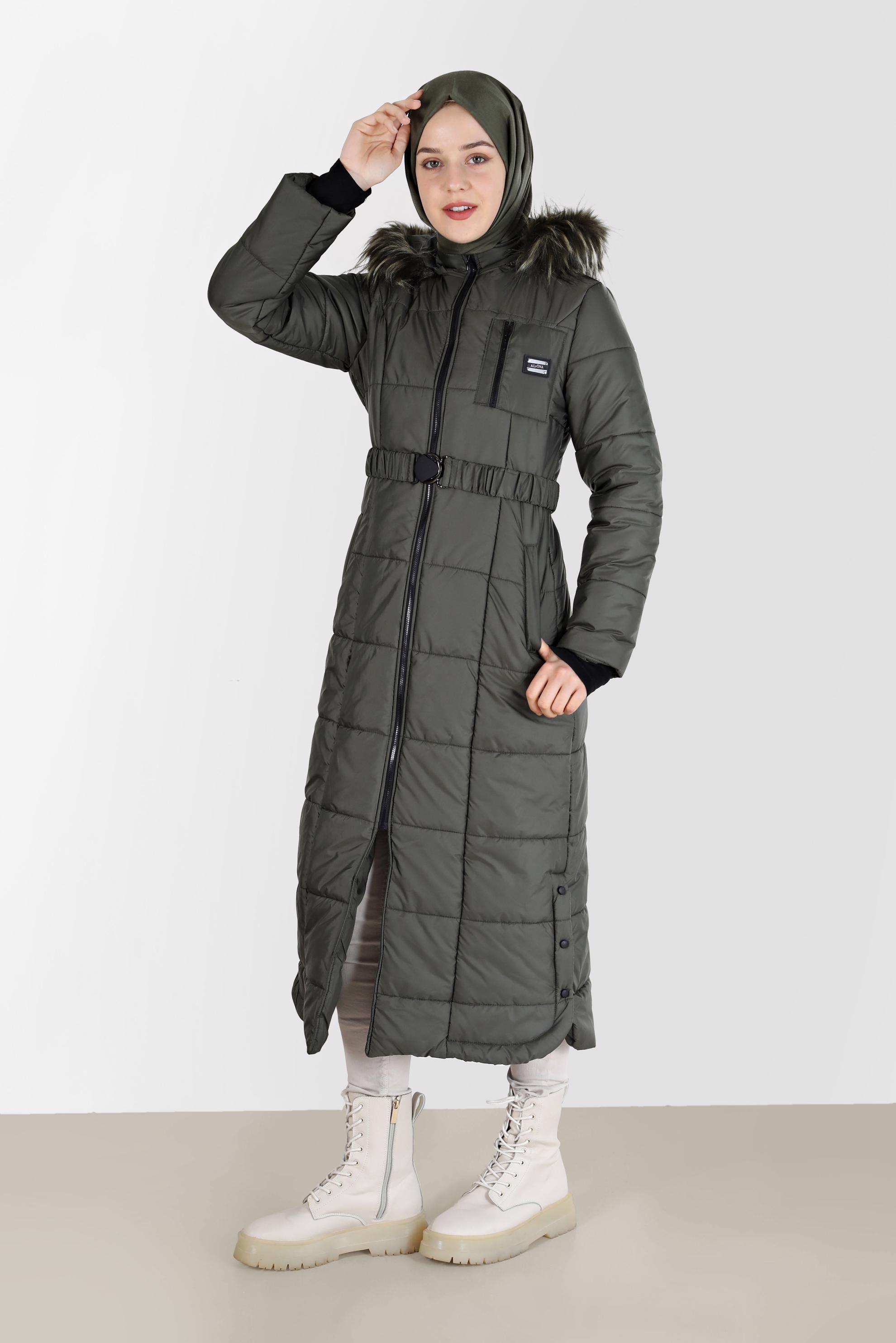 Vêtements hijab KAKI MANTEAU À CAPUCHE EN FOURRURE À DÉTAILS PRESSION 90213