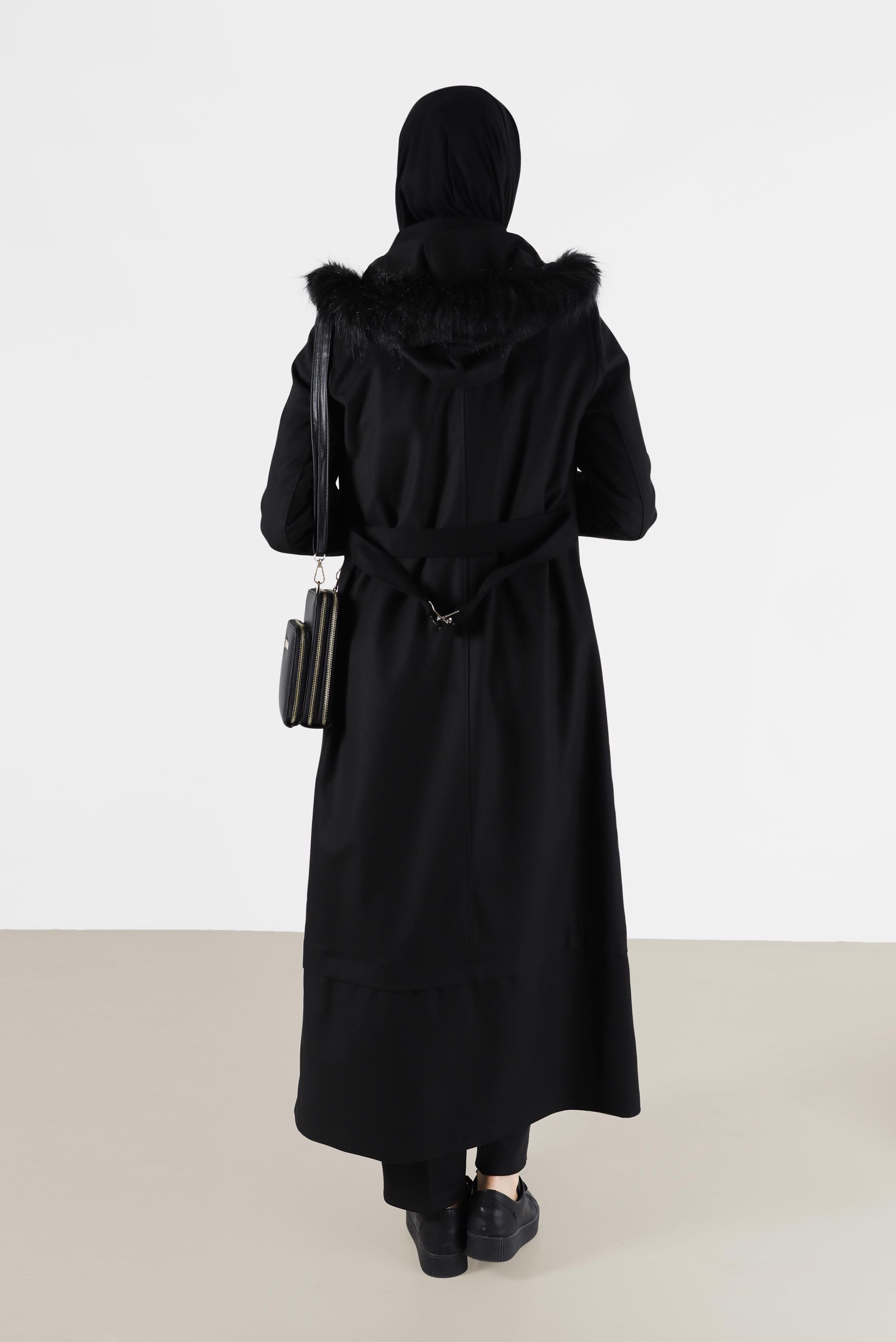 Vêtements hijab NOIR MANTEAU À CAPUCHE FOURRURE CEINTURÉE 90215