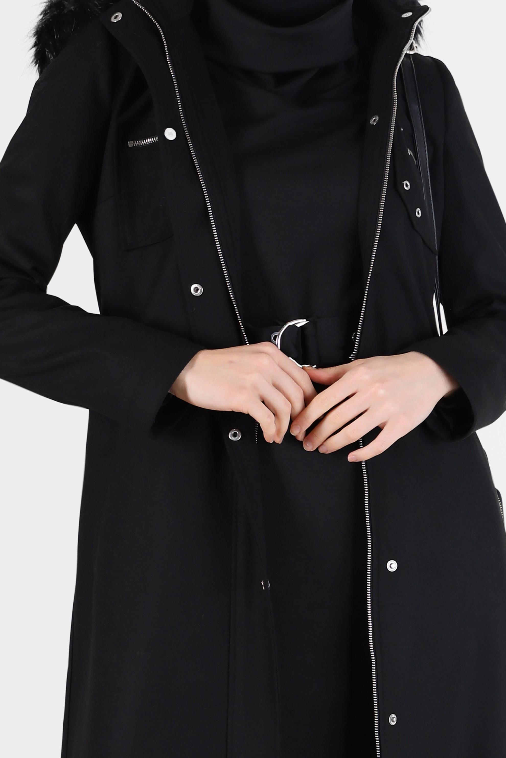 Vêtements hijab NOIR MANTEAU À CAPUCHE FOURRURE CEINTURÉE 90215