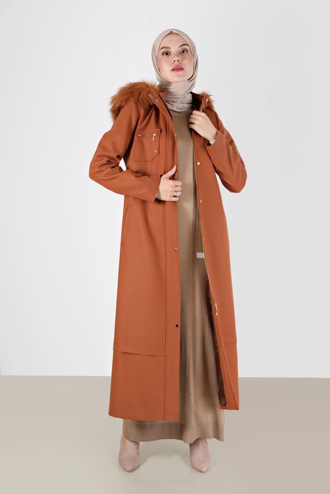 Vêtements hijab  MANTEAU À CAPUCHE FOURRURE CEINTURÉE 90215 - ALVİNA