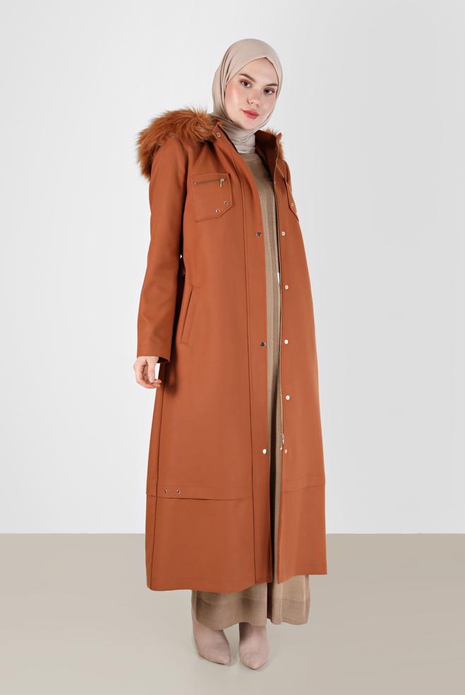 Hijab clothing TABA FURRY HOODED BELTED COAT 90215  - ALVİNA