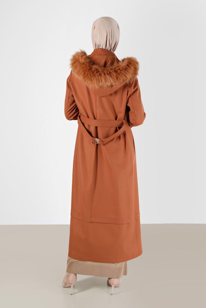 Hijab clothing TABA FURRY HOODED BELTED COAT 90215  - ALVİNA