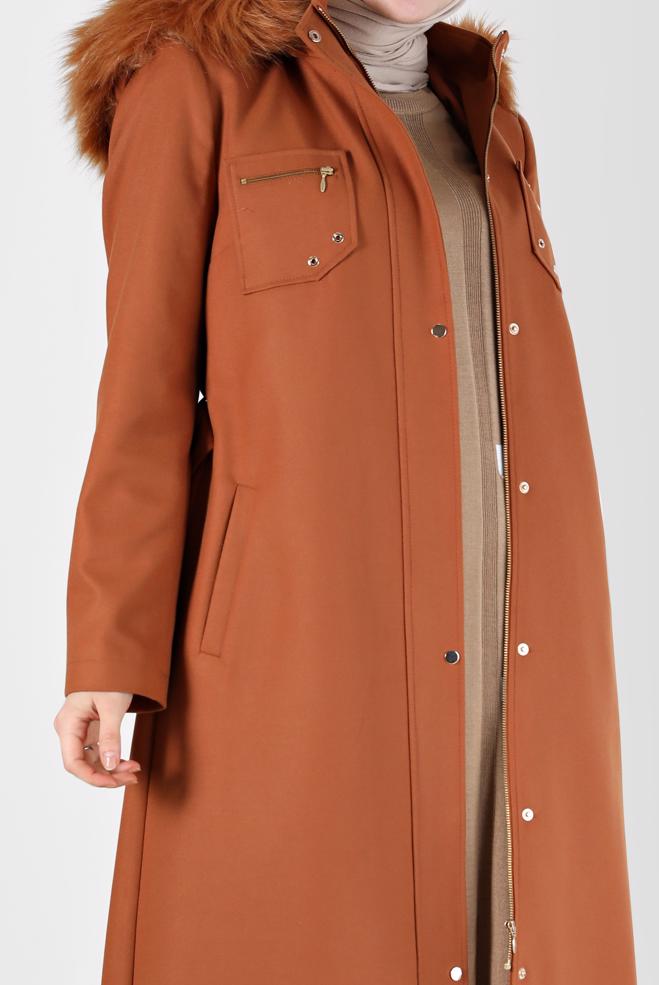 Hijab clothing TABA FURRY HOODED BELTED COAT 90215  - ALVİNA