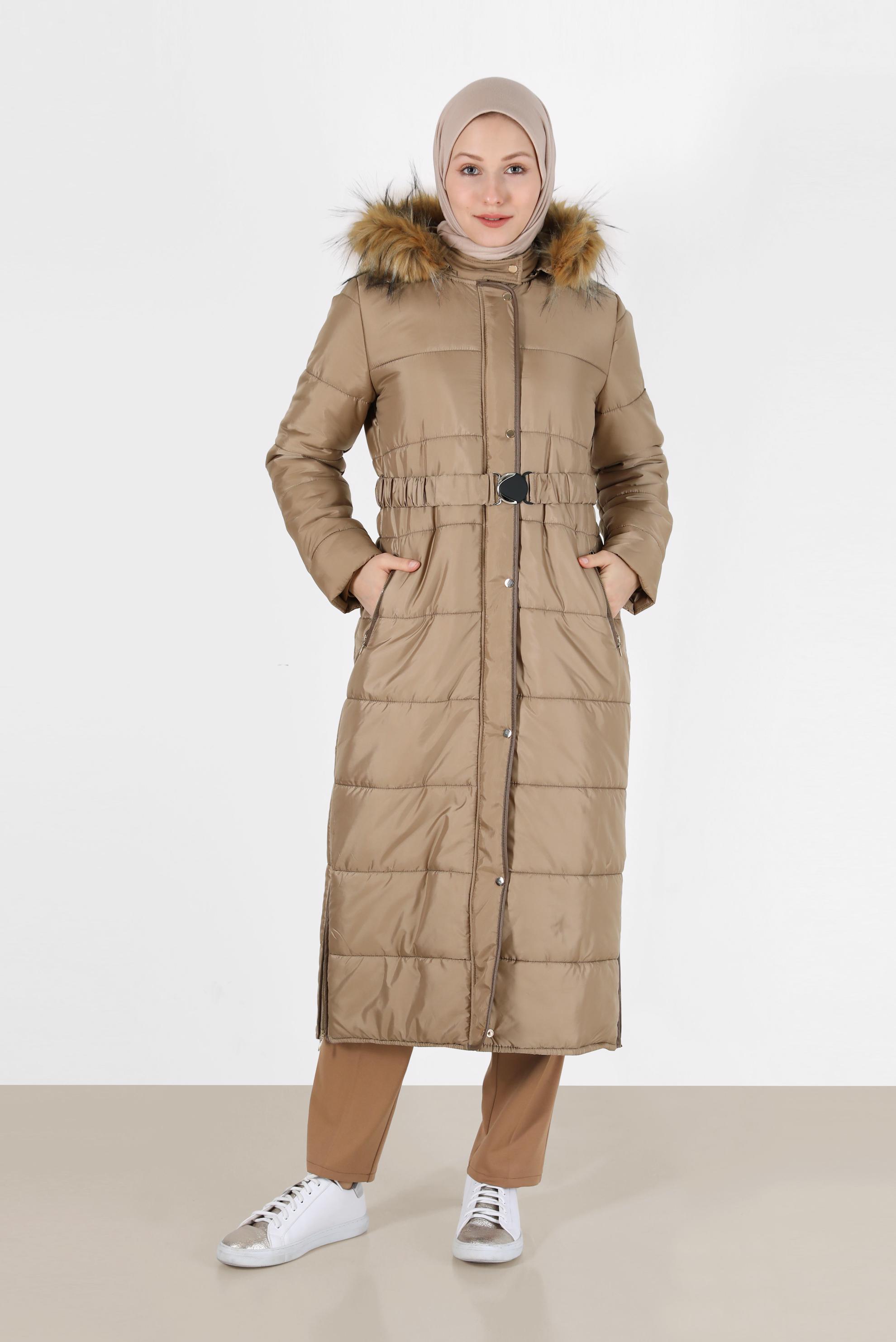 Vêtements hijab BRUN MANTEAU À CAPUCHE AVEC CEINTURE À CAPUCHE 90223