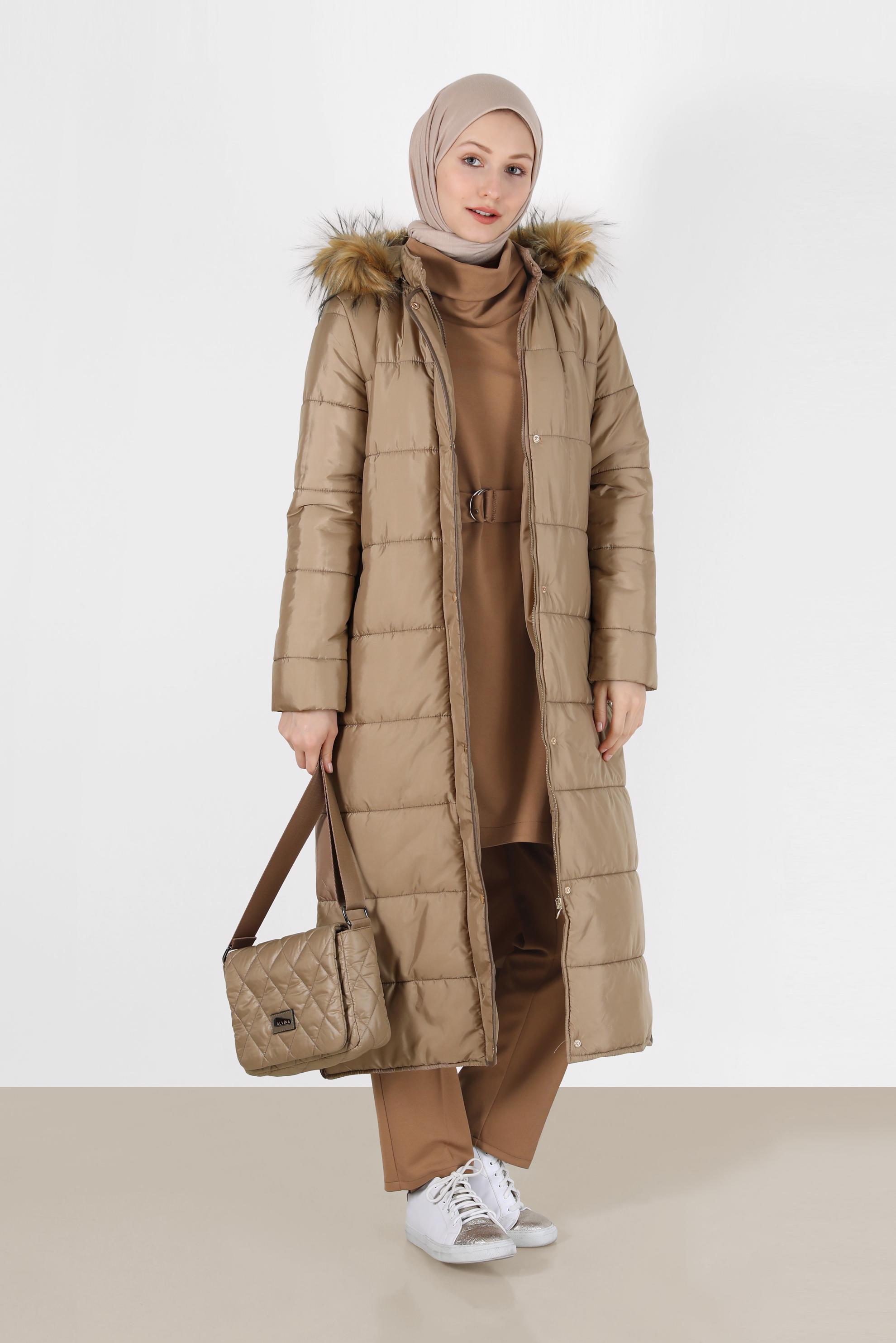 Vêtements hijab BRUN MANTEAU À CAPUCHE AVEC CEINTURE À CAPUCHE 90223