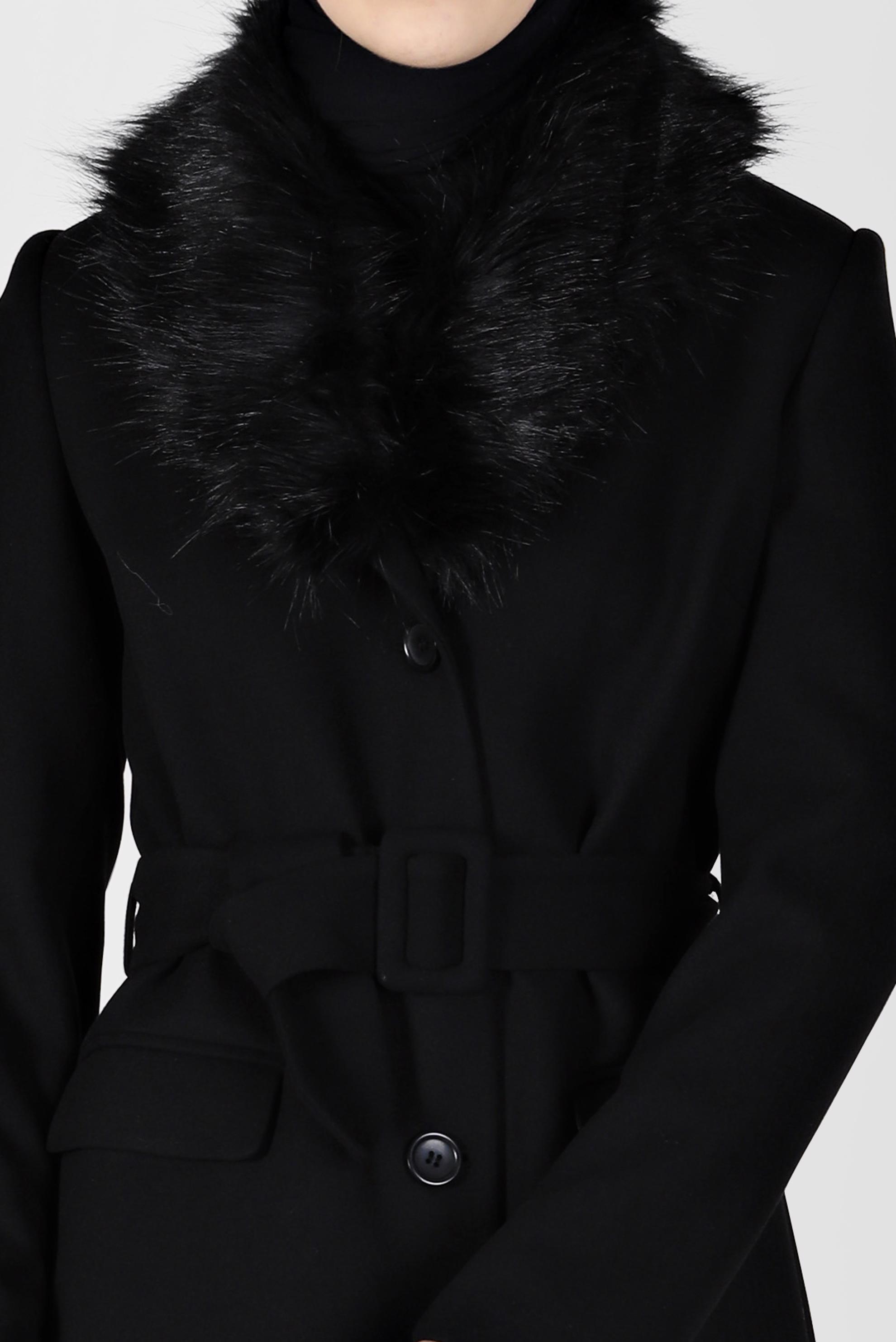 Tesettür giyim SİYAH KÜRK DETAYLI DÜĞMELİ KUŞAKLI MANTO 90227 