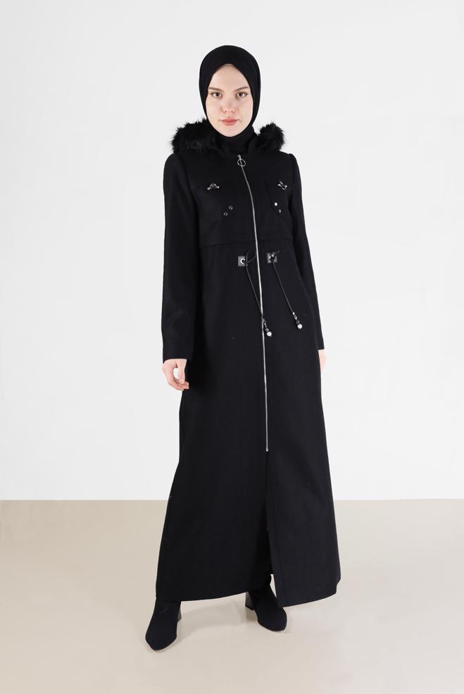 Hijab clothing  GATHERED WAIST HOODED COAT 90230  - ALVİNA