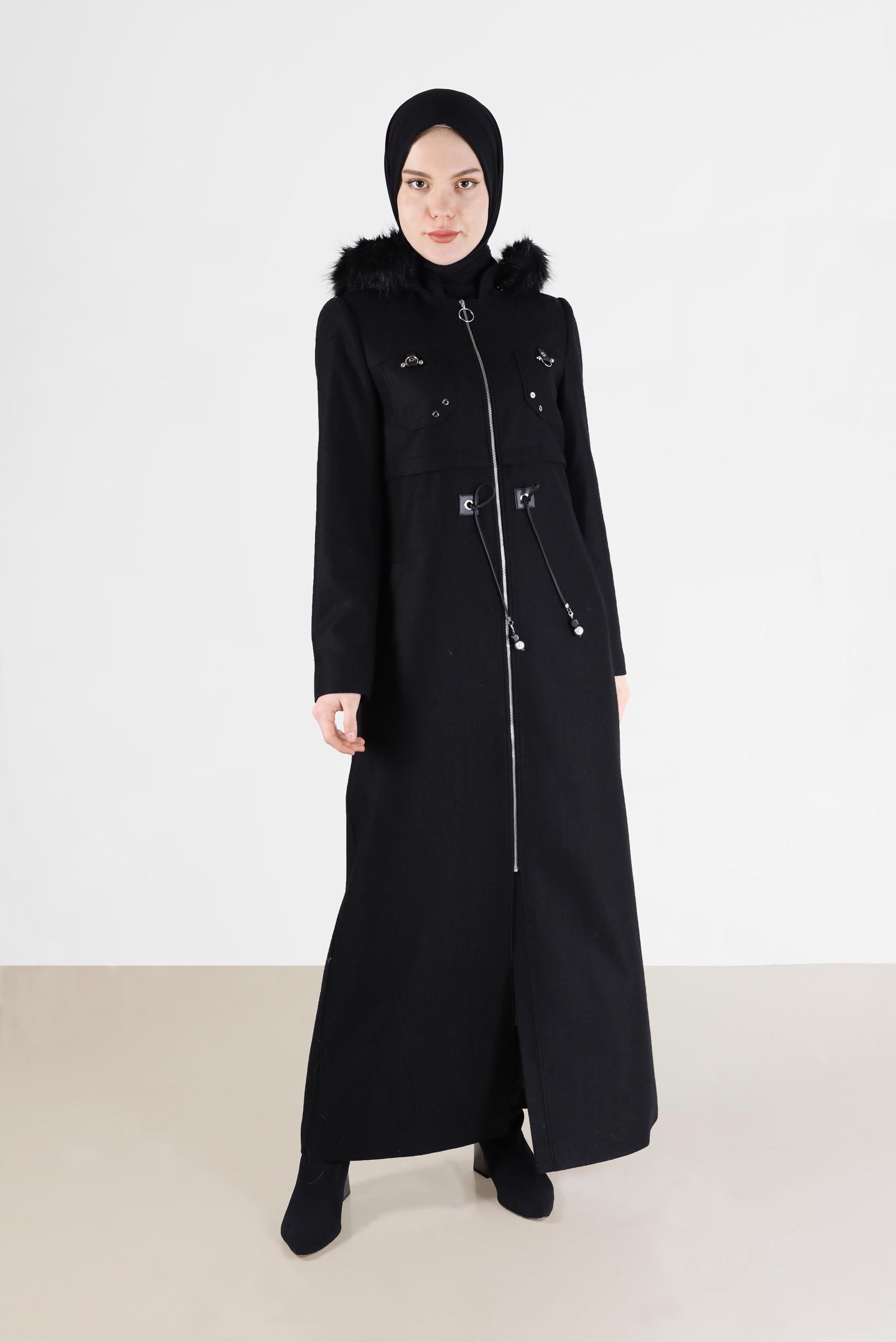 Hijab clothing BLACK GATHERED WAIST HOODED COAT 90230 