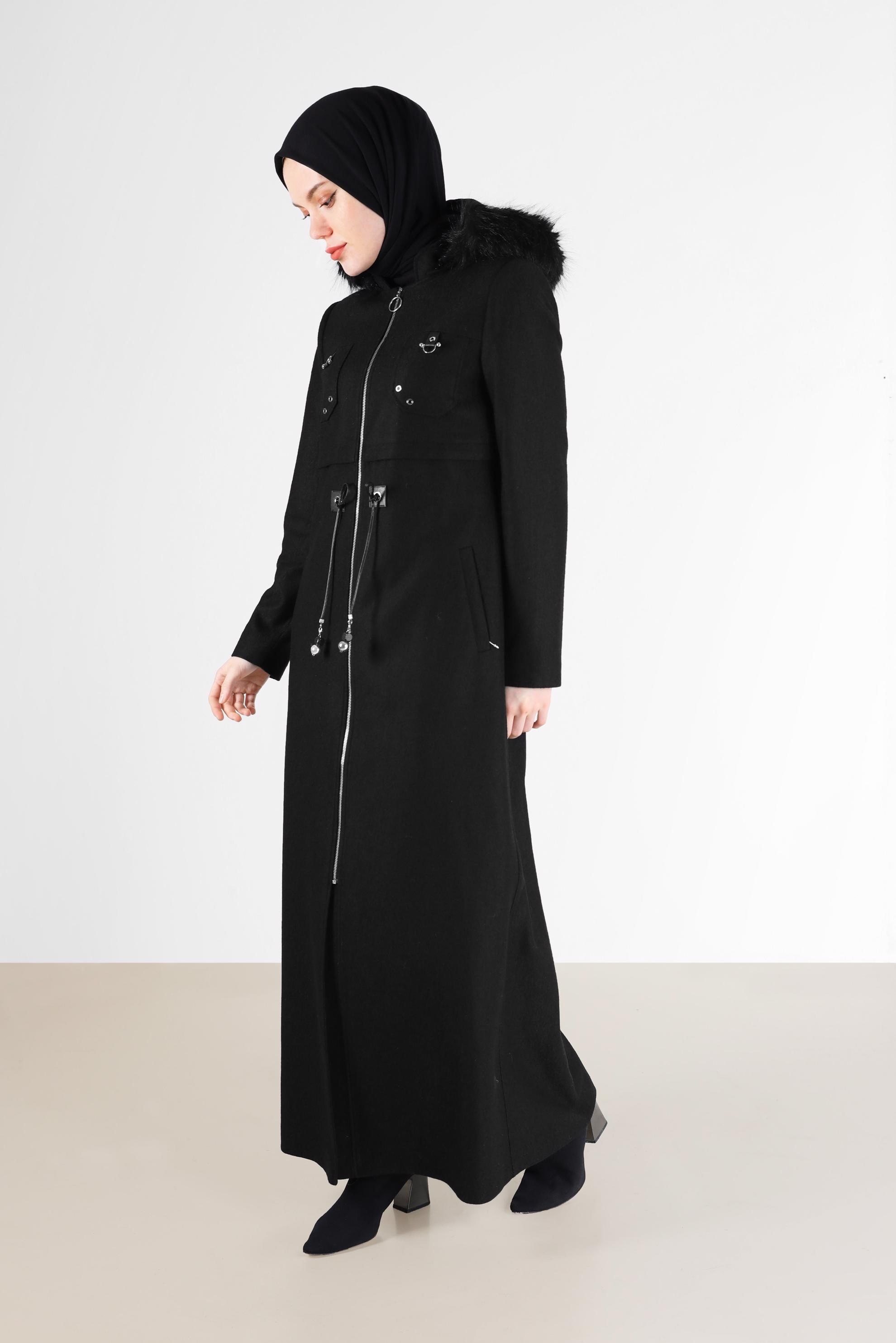 Hijab clothing BLACK GATHERED WAIST HOODED COAT 90230 
