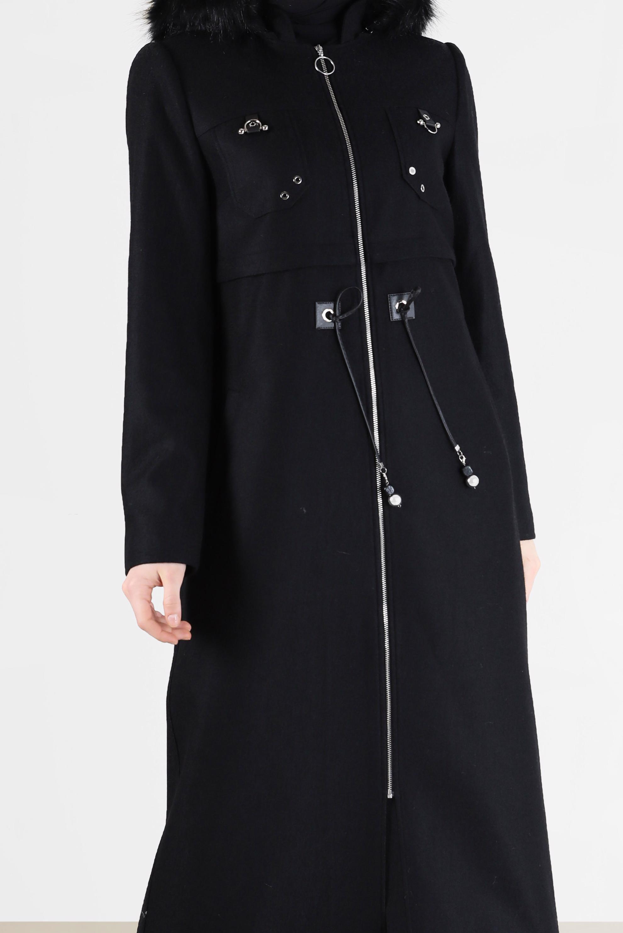 Hijab clothing BLACK GATHERED WAIST HOODED COAT 90230 